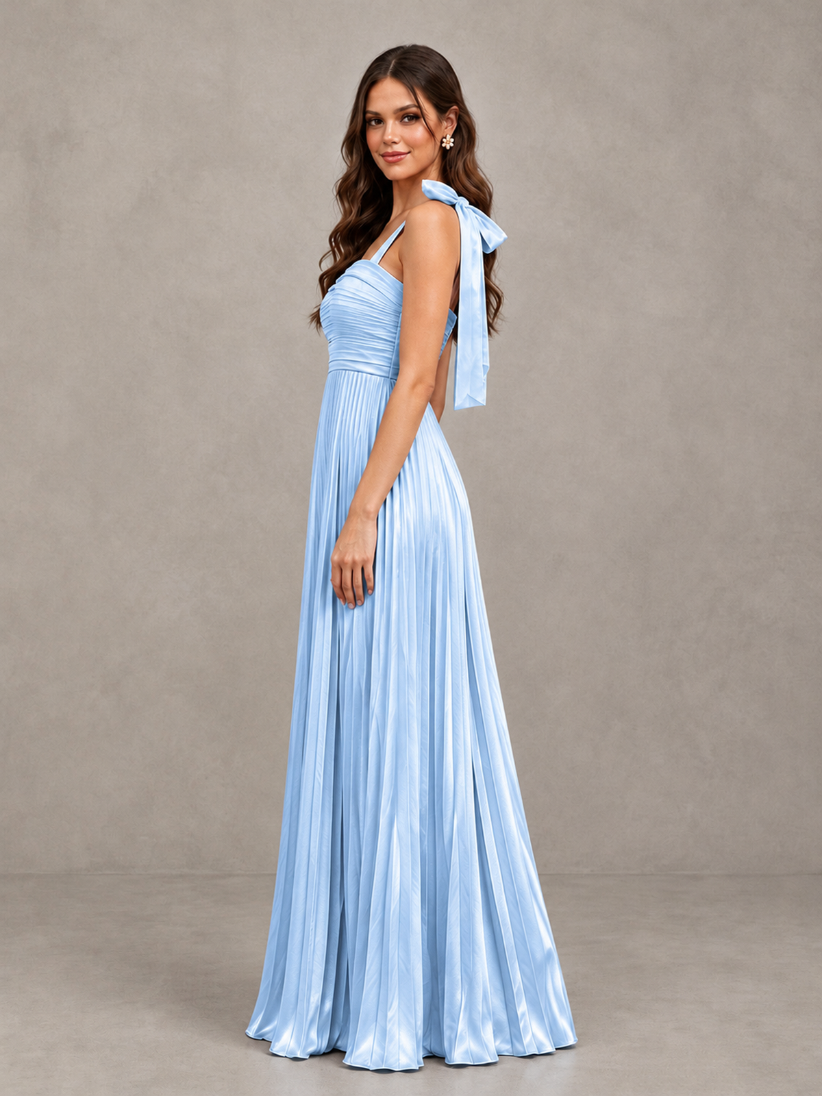 BOLODOO Light Blue Pleated Bow-Strap Bridesmaid Maxi Dress - Light Blue - Light Blue (3)