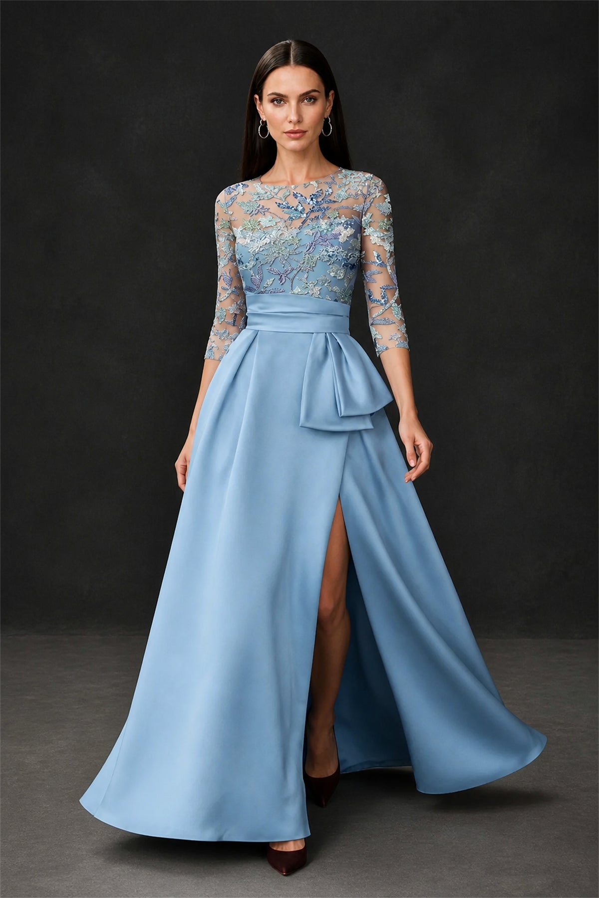 BOLODOO Light Blue 3/4 Sleeve Sequin Illusion Bodice Satin A-Line Gown with Front Slit - Light Blue