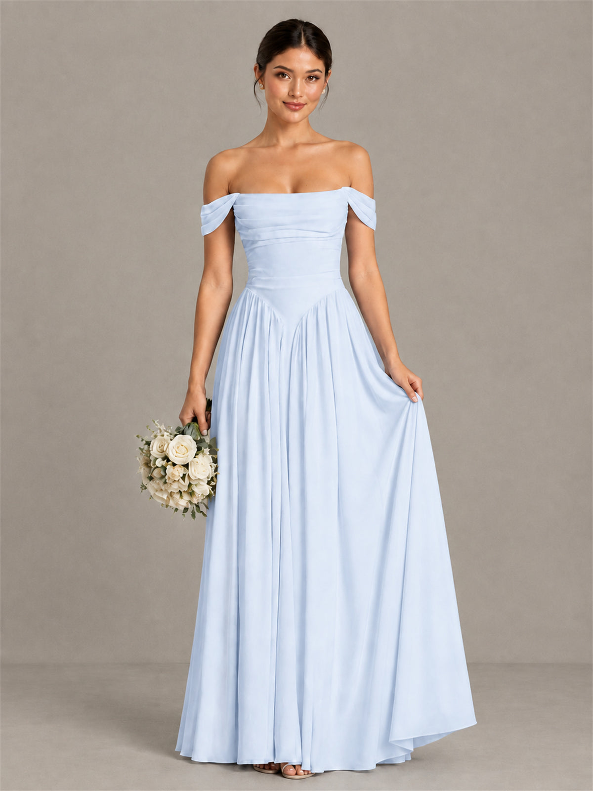 BOLODOO Light Blue Off-Shoulder Chiffon A-Line Bridesmaid Dress - Light Blue