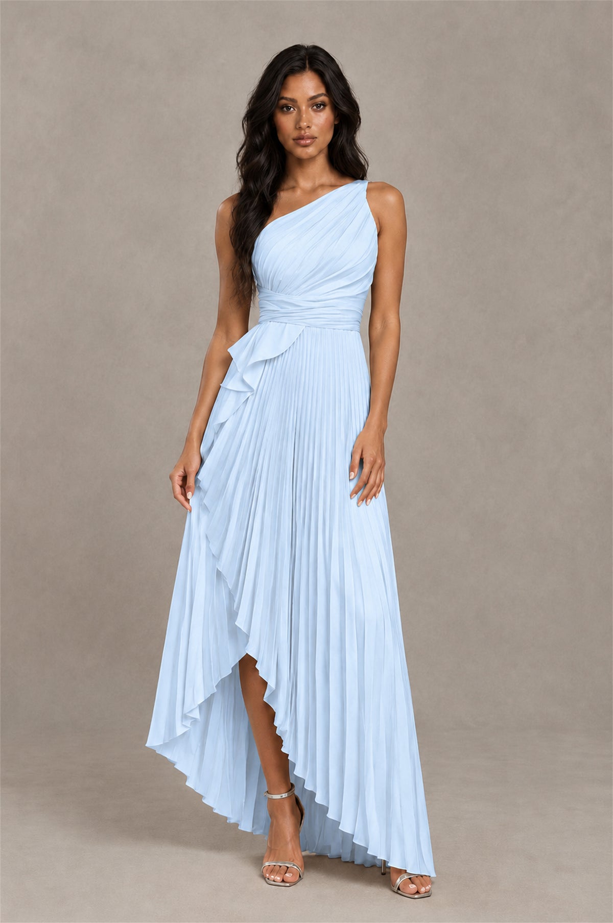 BOLODOO Light Blue One-Shoulder High-Low Ruffle Maxi Dress - Light Blue