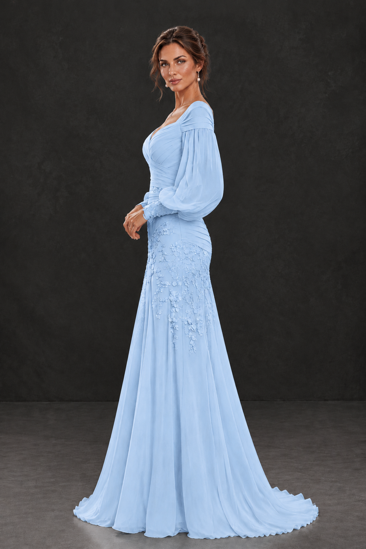 BOLODOO Light Blue Long Sleeve Mother of the Bride Dress with Floral Appliqués - Light Blue - Light Blue (3)
