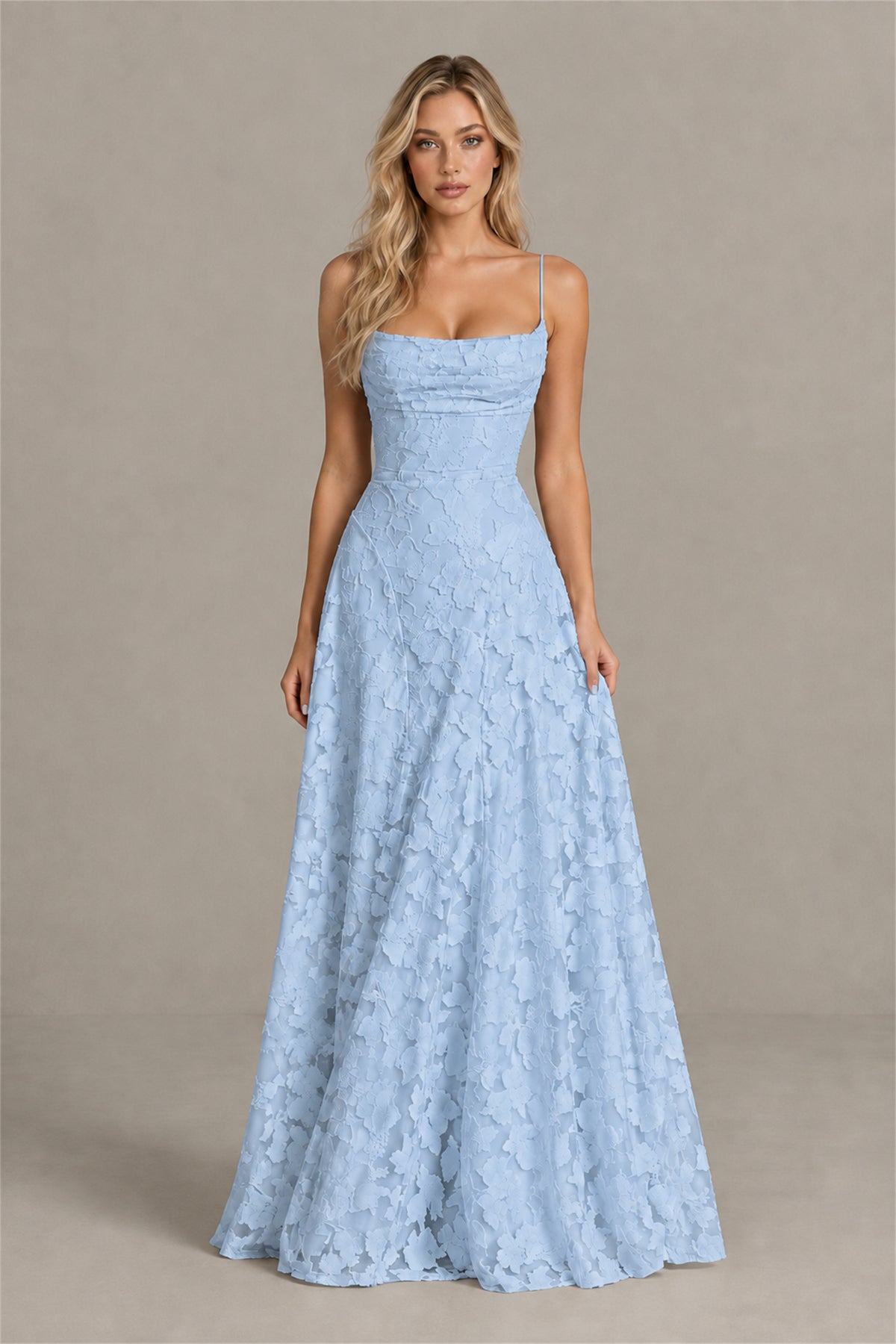 BOLODOO Light Blue Floral Appliqué Lace-Up Back Maxi Dress - Light Blue