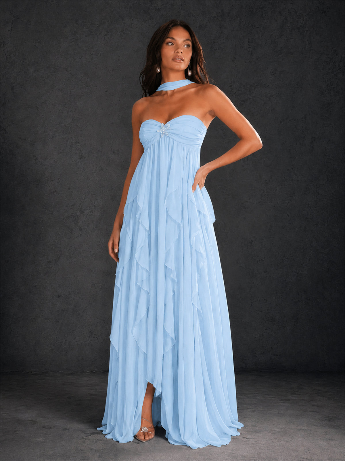 BOLODOO Light Blue Halter Neck Cascading Ruffle Chiffon Maxi Dress | Keyhole Open Back - Light Blue