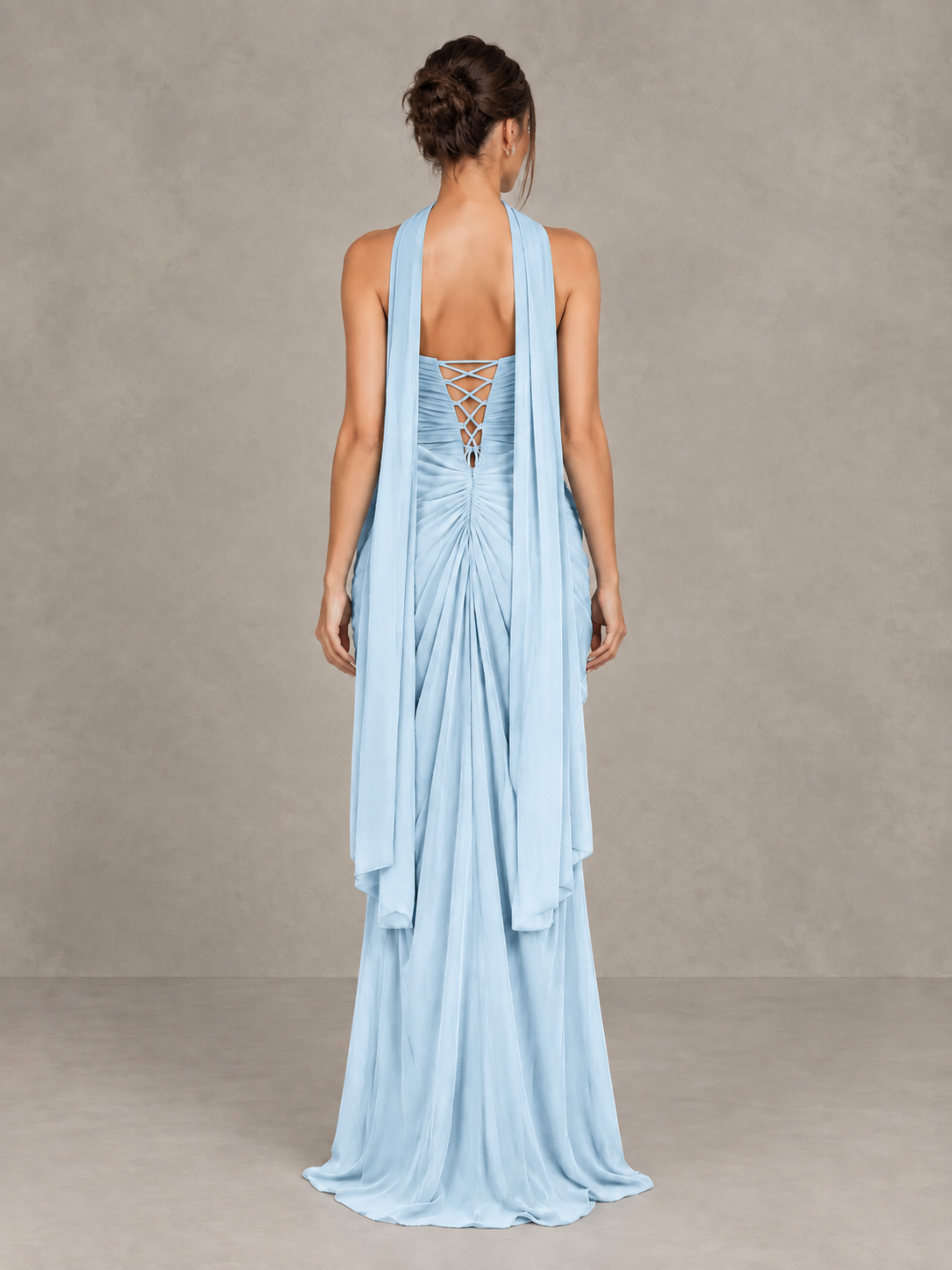 BOLODOO Light Blue Strapless Ruched Maxi Dress with Scarf and Slit - Light Blue