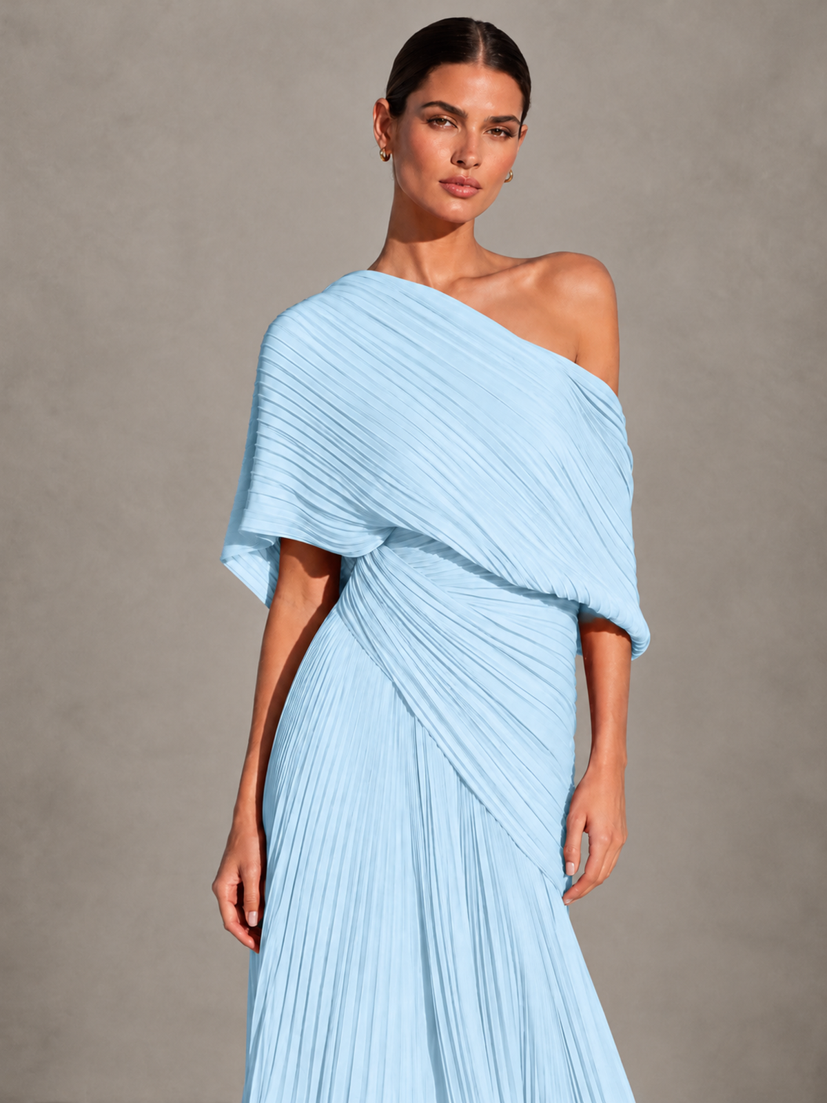 BOLODOO Light Blue One-Shoulder Pleated Cape Evening Gown with Train - Light Blue - Light Blue (3)