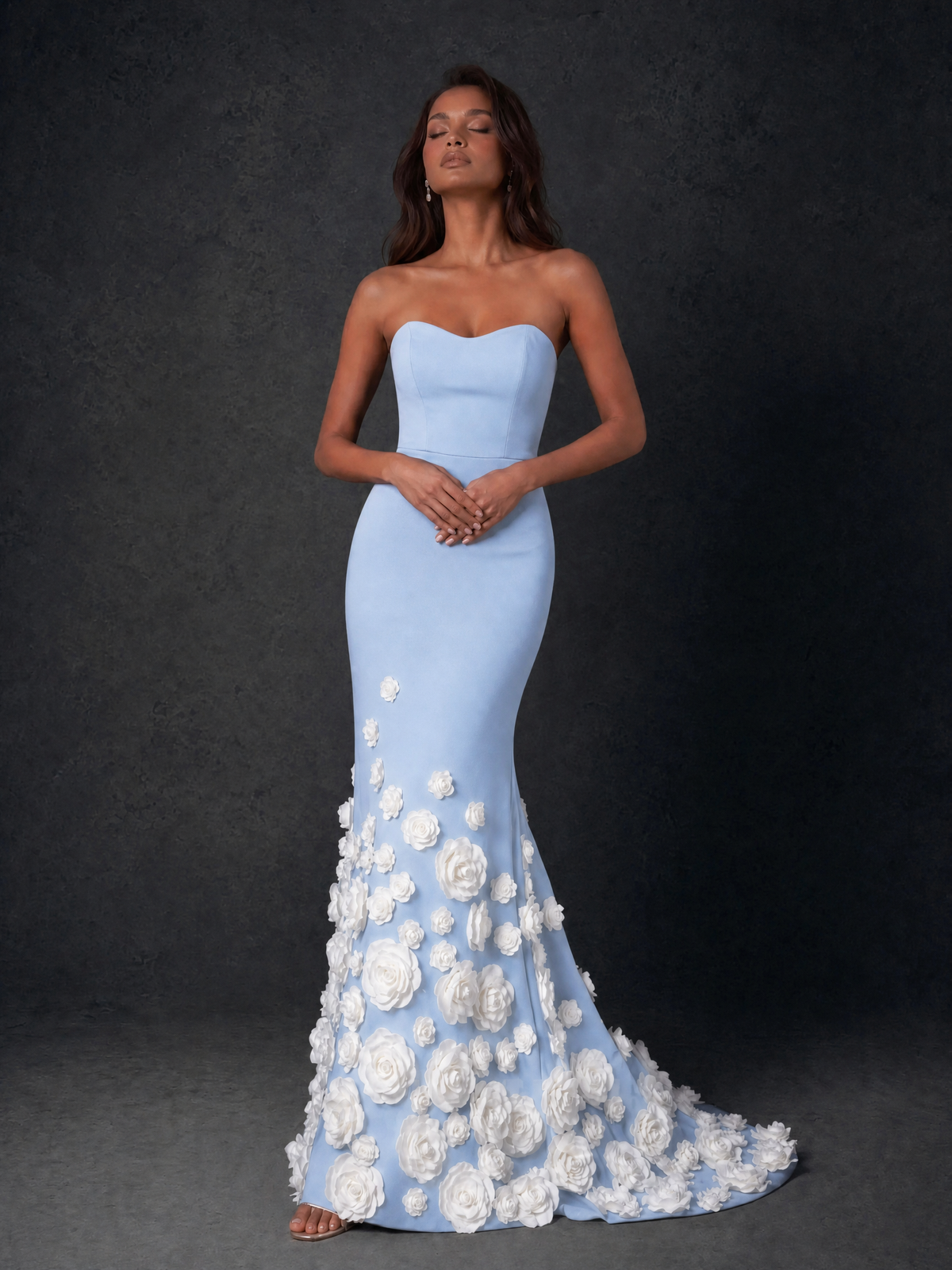BOLODOO Light Blue Sweetheart Strapless Crepe Mermaid Gown with Light Blue 3D Rose Floral Appliqué Skirt and Open Back - Light Blue