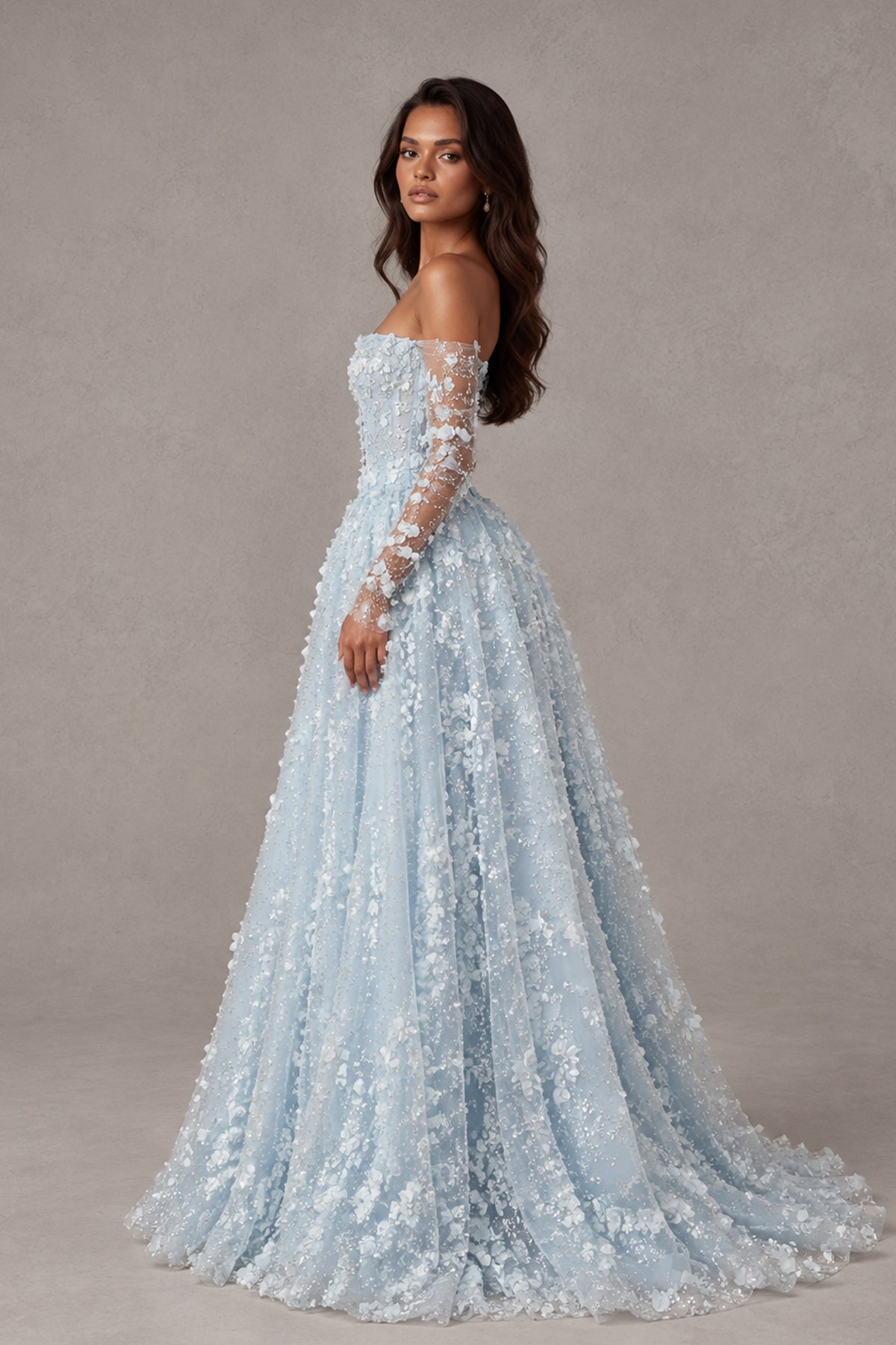 BOLODOO Light Blue Off Shoulder Floral Lace Gown with Long Sleeves - Light Blue