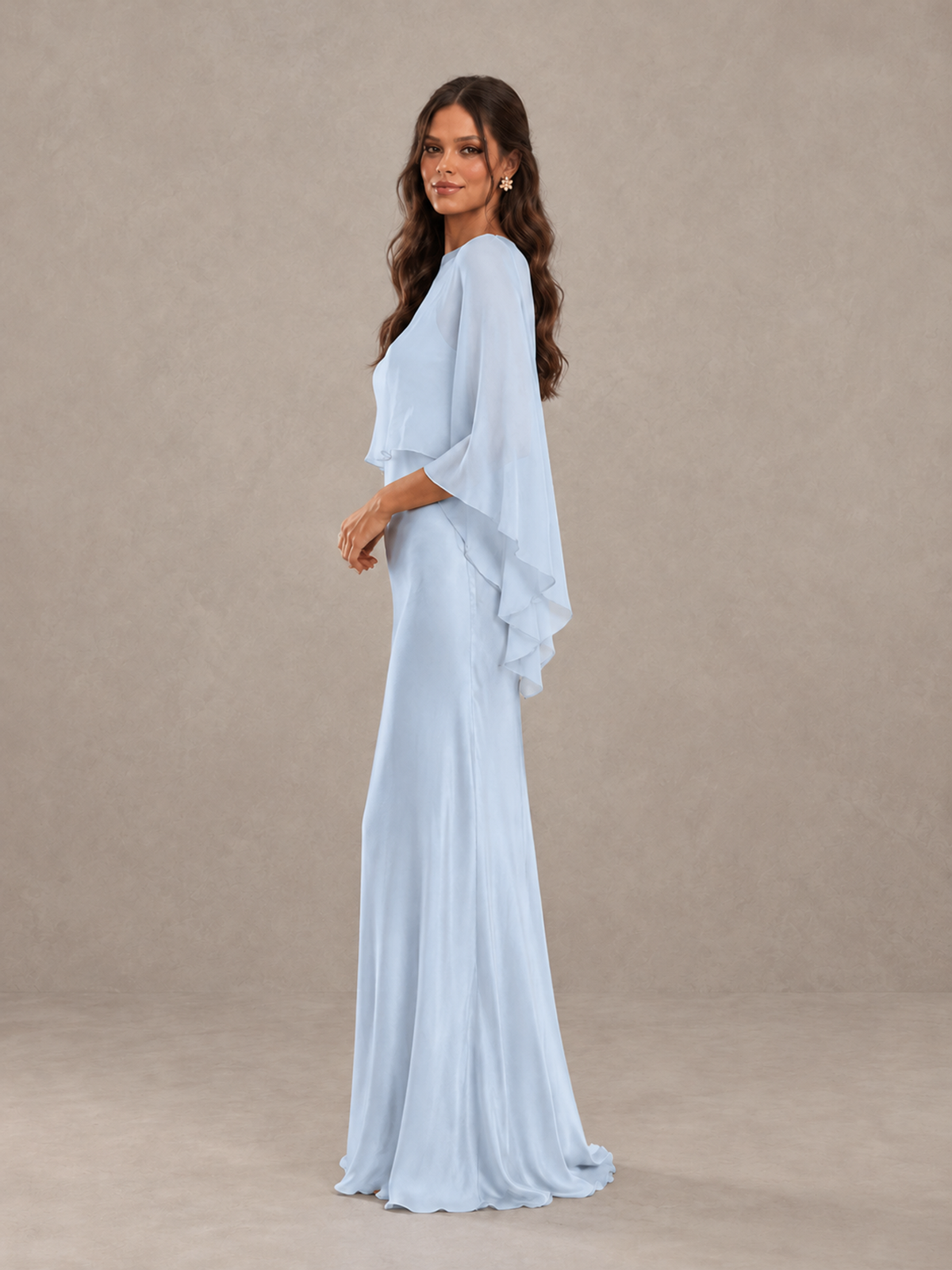 BOLODOO Light Blue Satin Mermaid Bridesmaid Dress with Chiffon Cape - Light Blue - Light Blue (3)