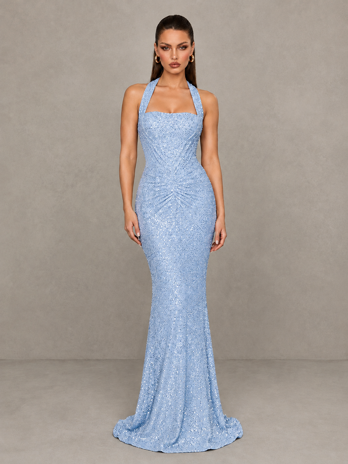 BOLODOO Light Blue Sequin Halter Mermaid Evening Gown - Light Blue - Light Blue (3)