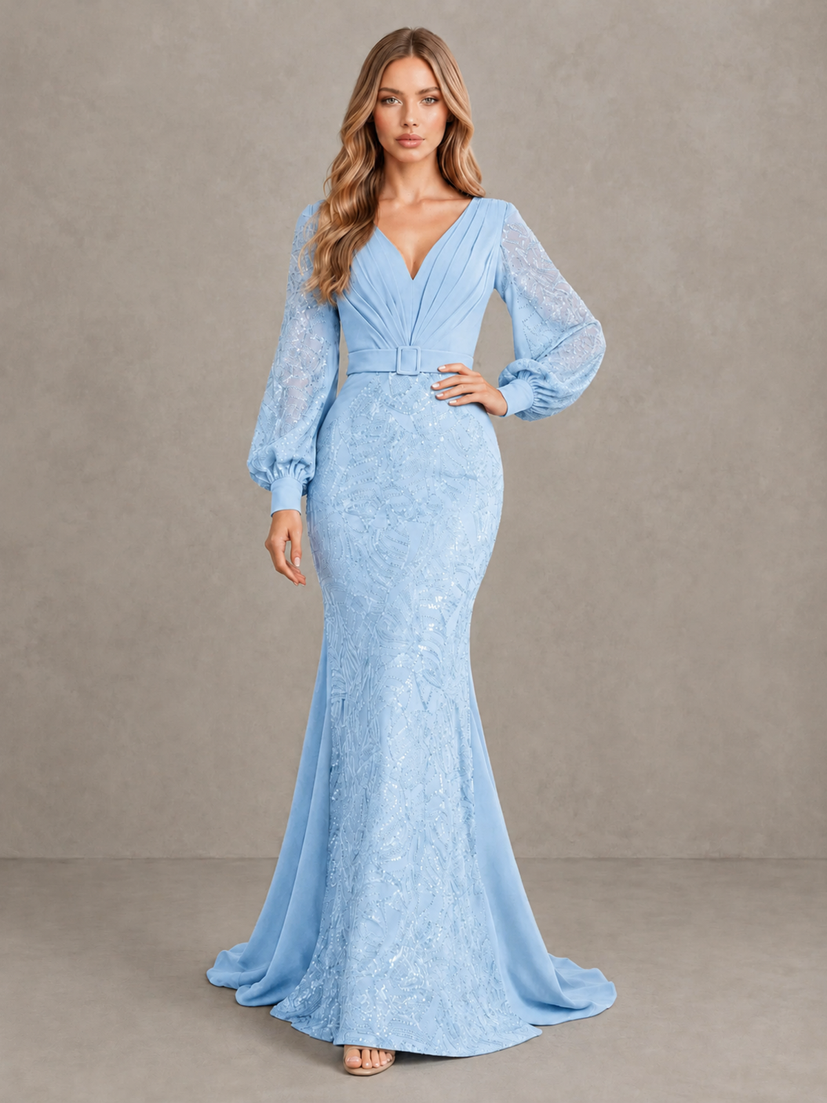 BOLODOO Light Blue Sequin Long Bishop Sleeve Mermaid Evening Dress - Light Blue - Light Blue (3)