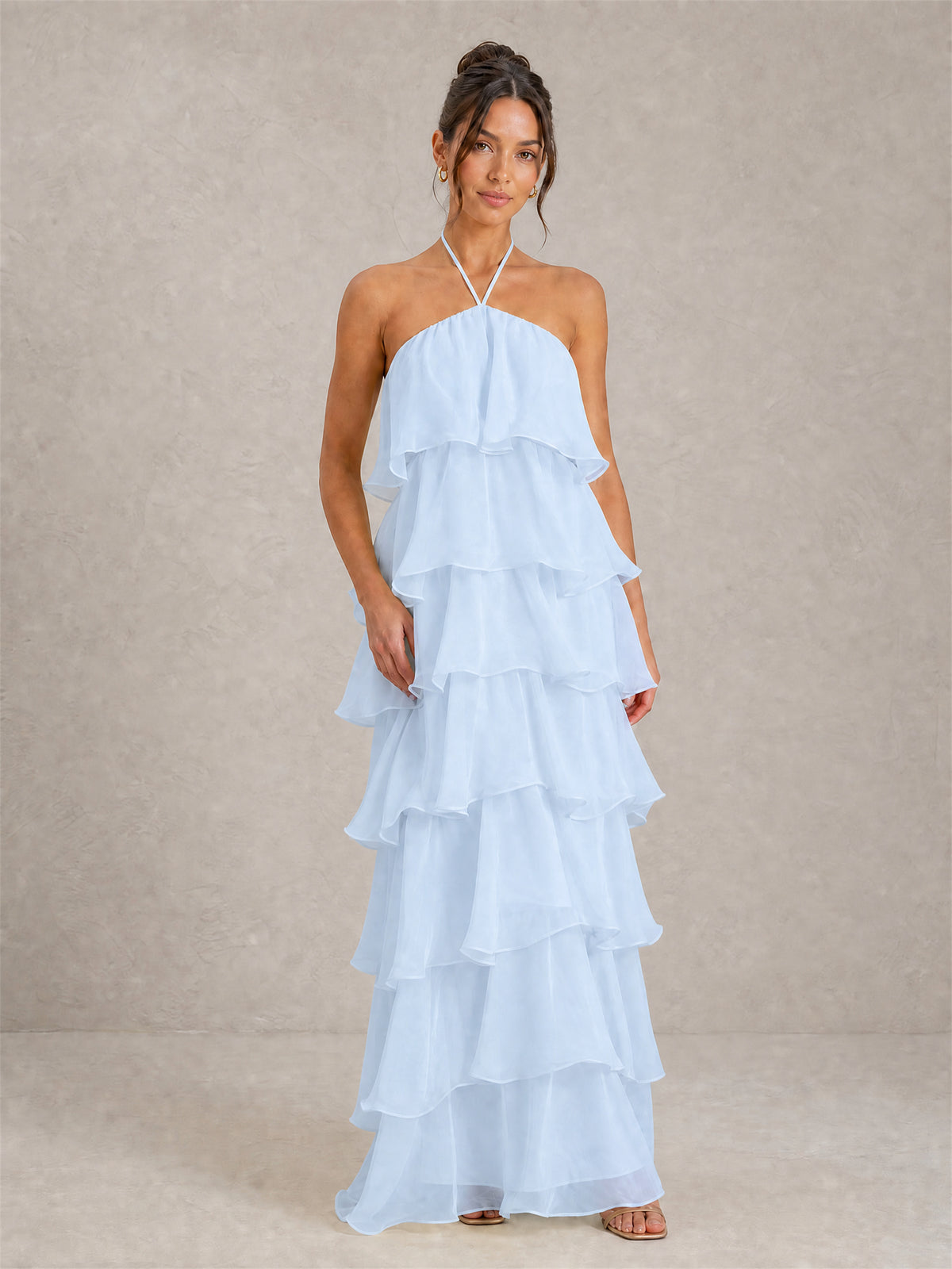 BOLODOO Light Blue Halter Tiered Ruffle Chiffon Maxi Dress - Light Blue