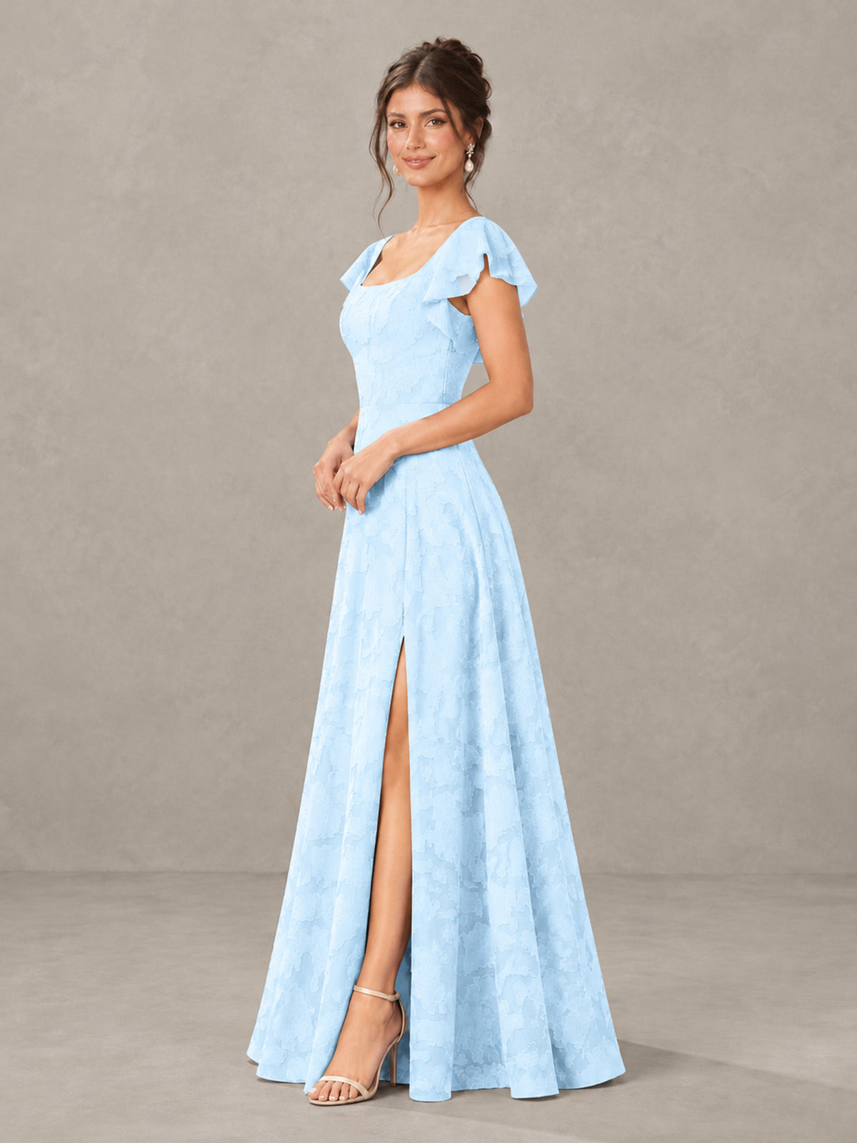 BOLODOO Light Blue Floral Flutter Sleeve Bridesmaid Dress with Slit - Light Blue - Light Blue (3)