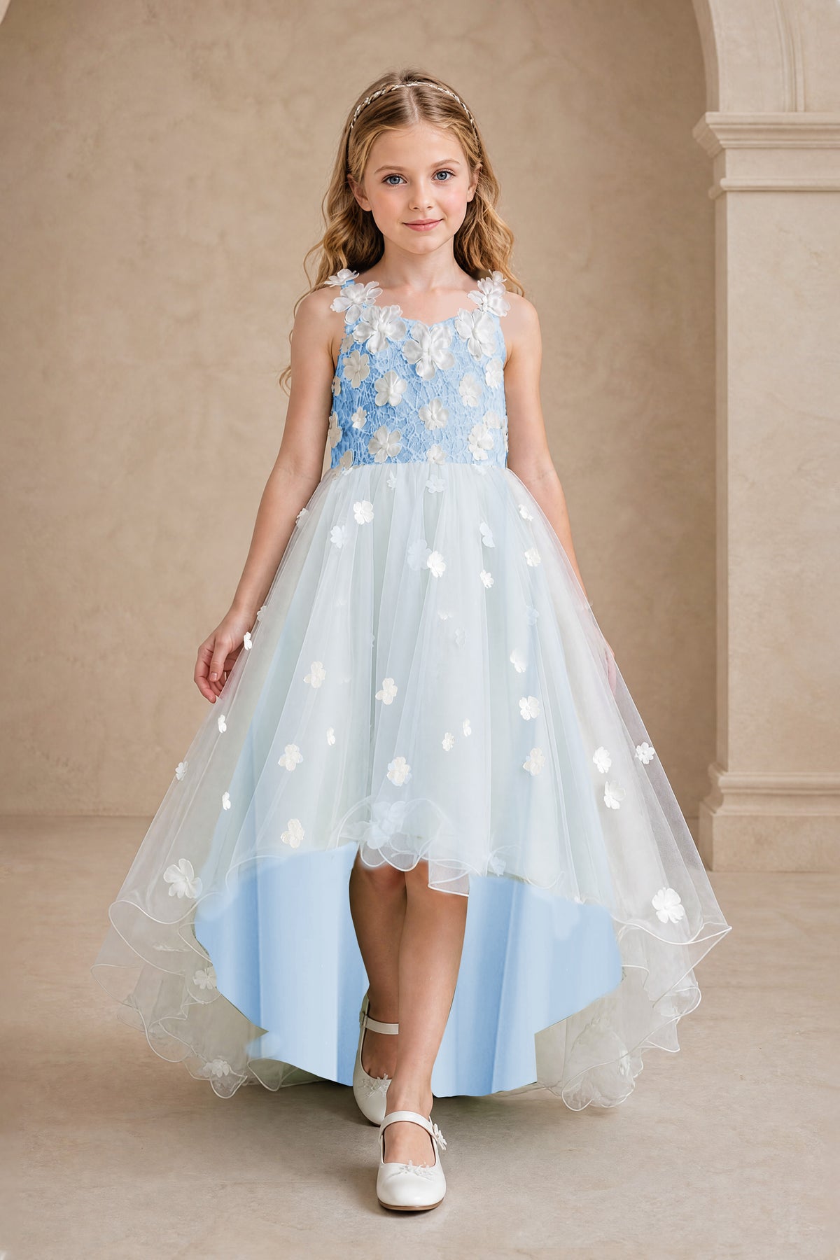 BOLODOO Light Blue Flower Girl Dress with Floral Appliqué and High-Low Tulle Skirt - Light Blue