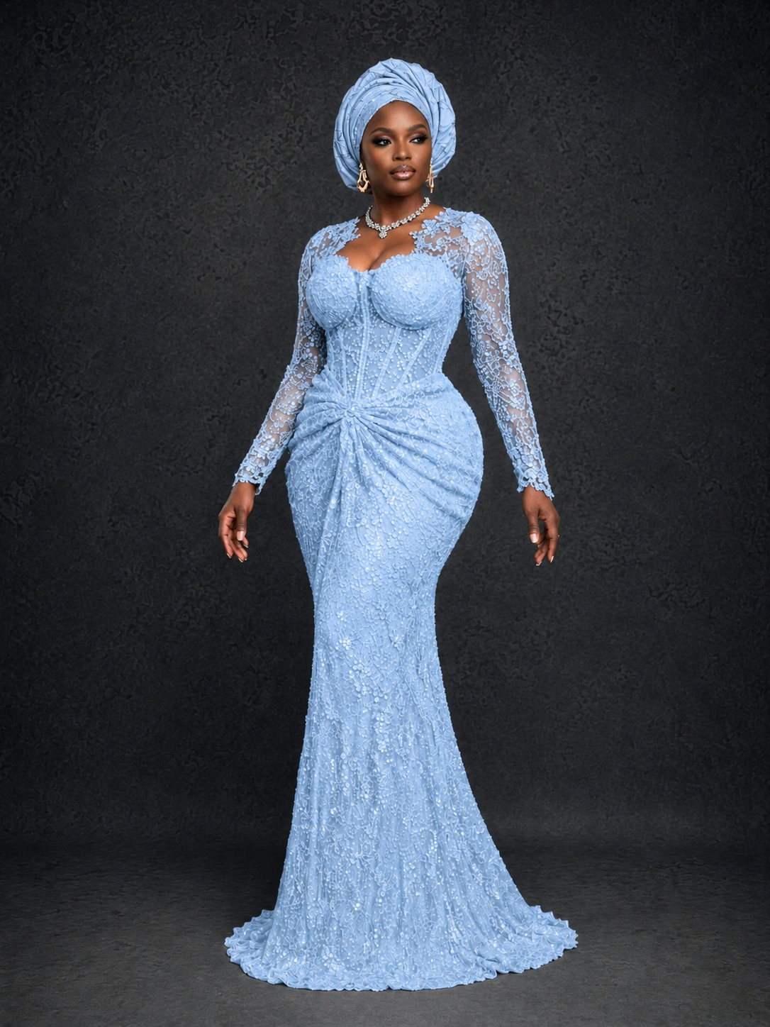 BOLODOO Light Blue Beaded Lace Long Sleeve Mermaid Gown Sweetheart | Mother of the Bride - Light Blue