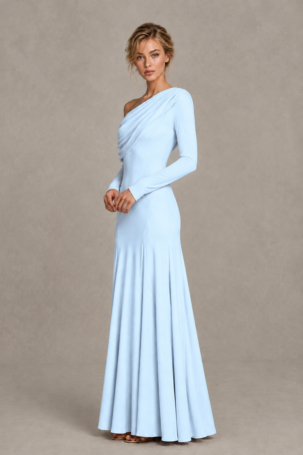 BOLODOO Light Blue Asymmetric Draped Long Sleeve Evening Gown - Light Blue