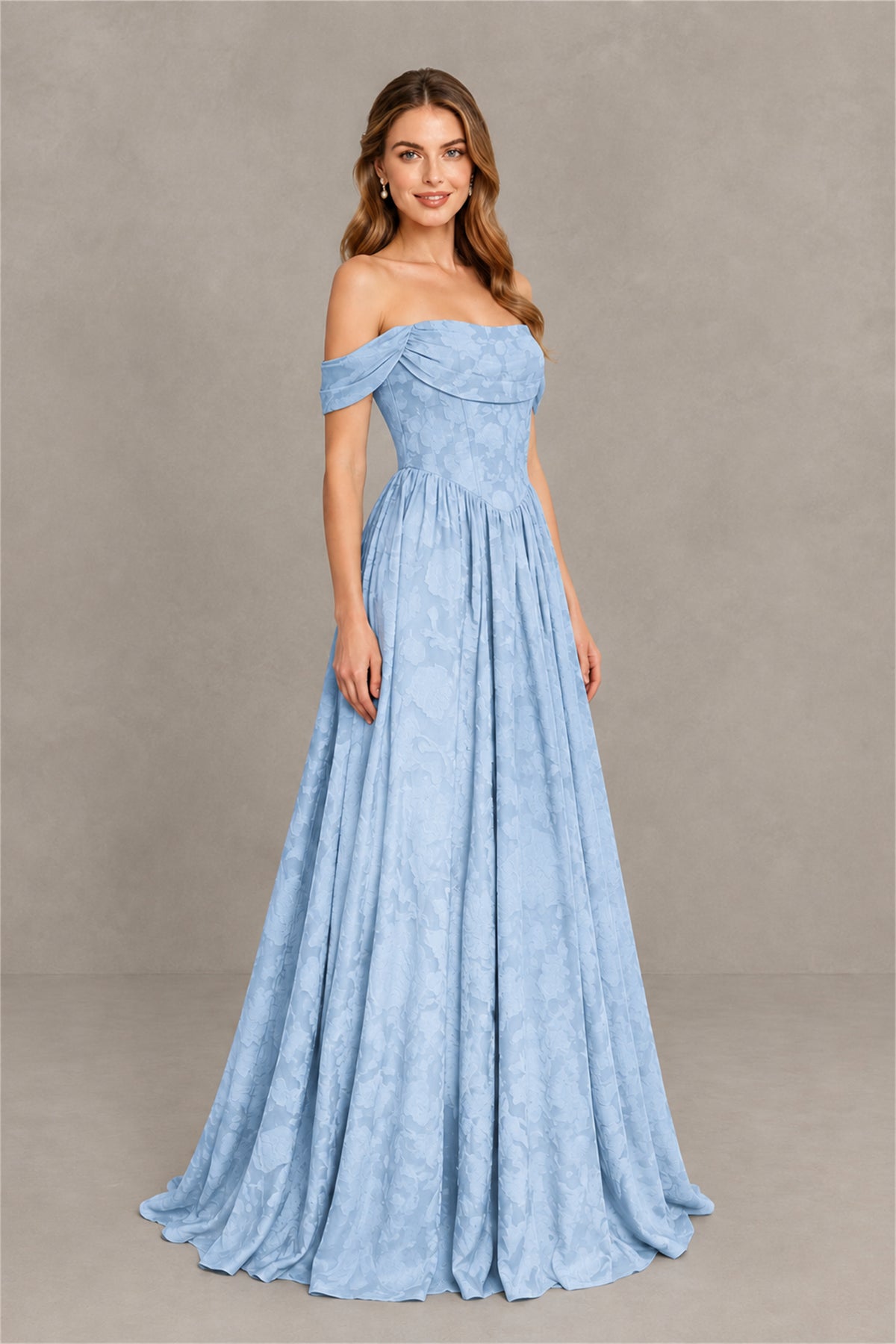BOLODOO Light Blue Off-Shoulder Floral A-Line Maxi Dress - Light Blue