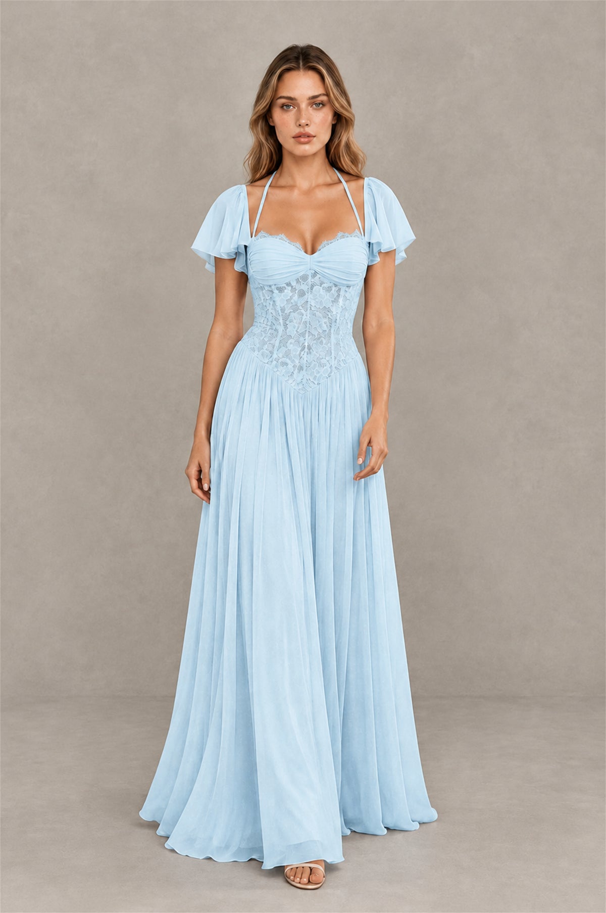 BOLODOO Light Blue Flutter Sleeve Lace Corset A-Line Maxi Dress - Light Blue - Light Blue (3)