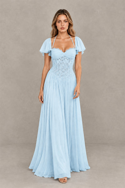 BOLODOO Light Blue Flutter Sleeve Lace Corset A-Line Maxi Dress - Light Blue - Light Blue (3)
