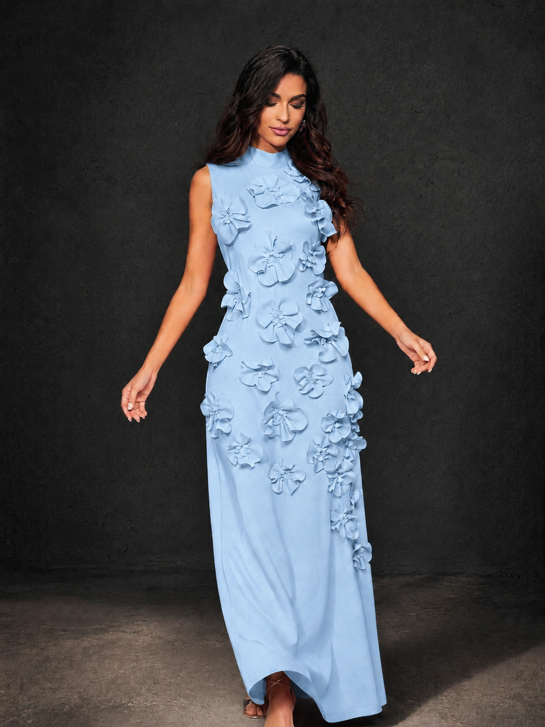 BOLODOO Light Blue Mock Neck Sleeveless 3D Floral Appliqué Maxi Dress with Bow Back - Light Blue