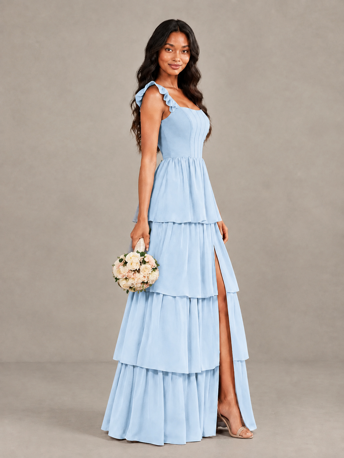 BOLODOO Light Blue Tiered Maxi Bridesmaid Dress with Slit - Light Blue