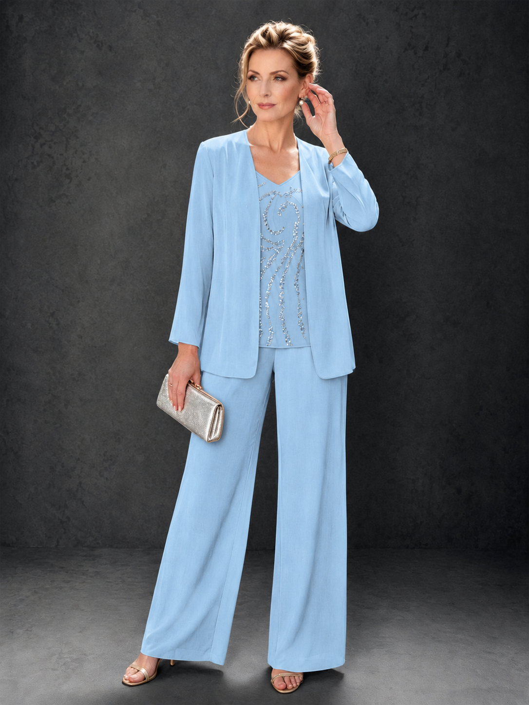 BOLODOO Light Blue 3-Piece Mother of the Bride Pant Suit with Beaded Top & Chiffon Jacket - Light Blue