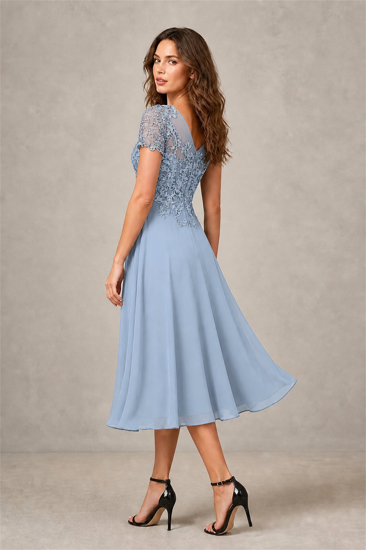 BOLODOO Steel Light Blue Beaded Lace Illusion Bodice Chiffon Tea-Length Dress | Mother of the Bride & Cocktail Party - Light Blue