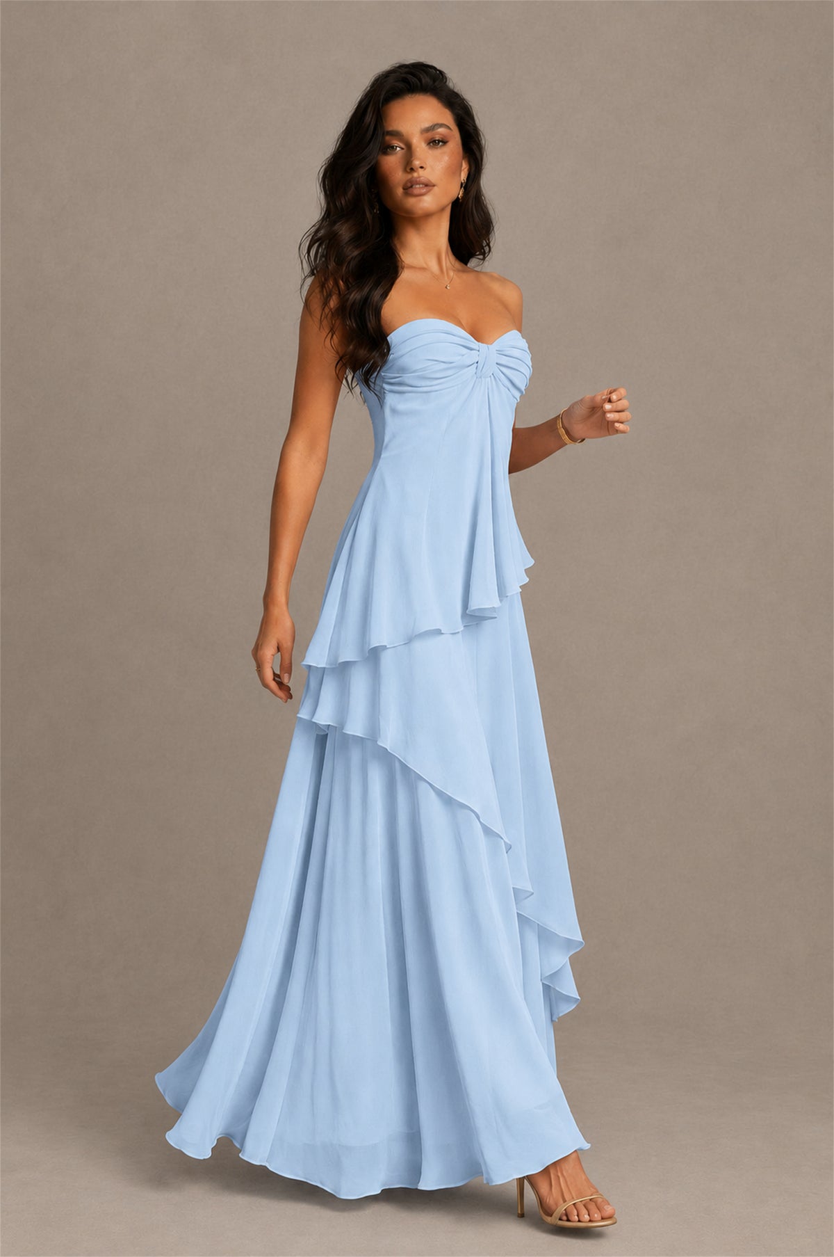 BOLODOO Light Blue Strapless Sweetheart Knotted Chiffon Tiered Maxi Dress with Lace-Up Back - Light Blue