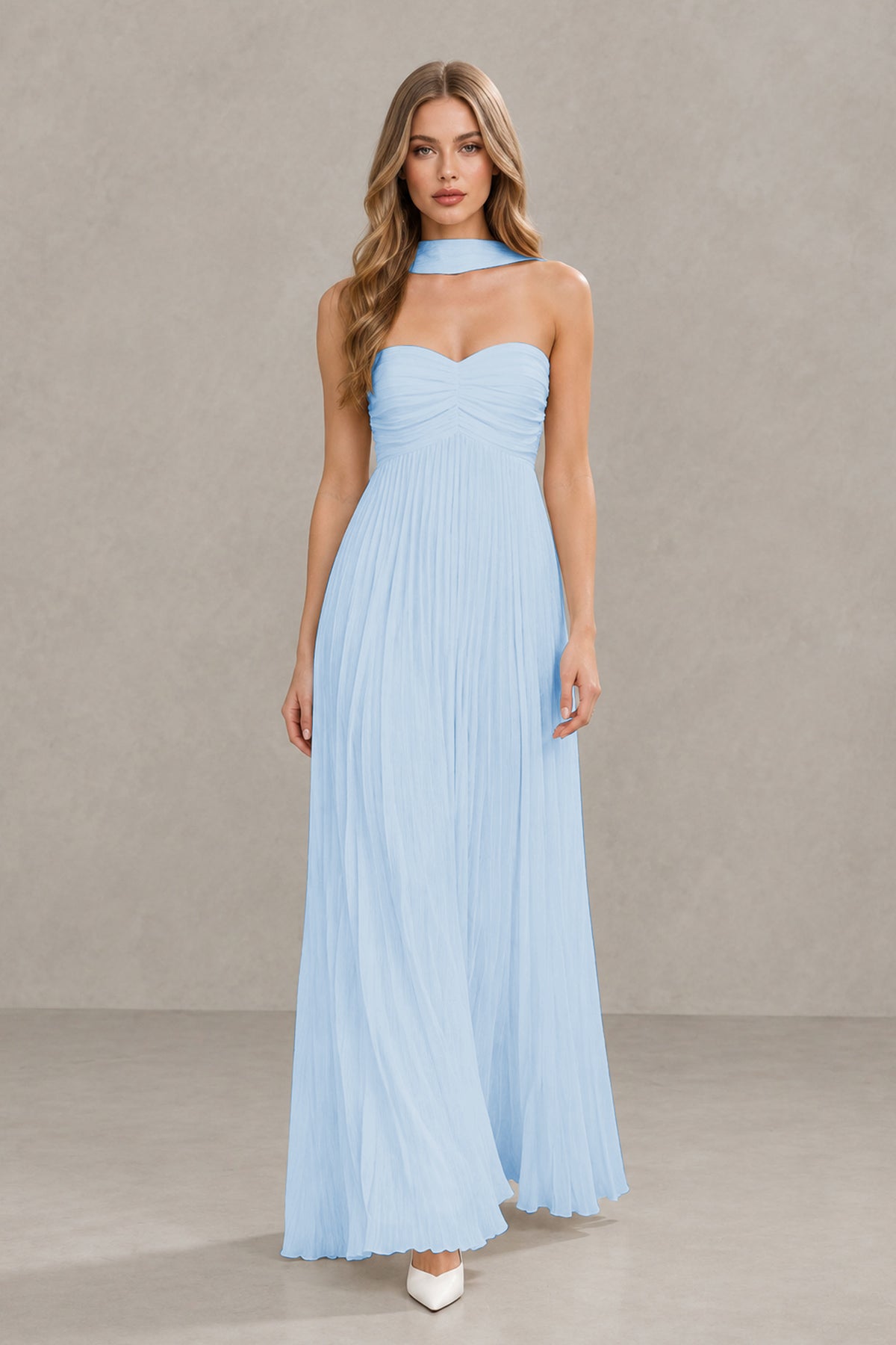 BOLODOO Light Blue Strapless Chiffon-Look Maxi Dress with Lace-Up Back & Cape - Light Blue