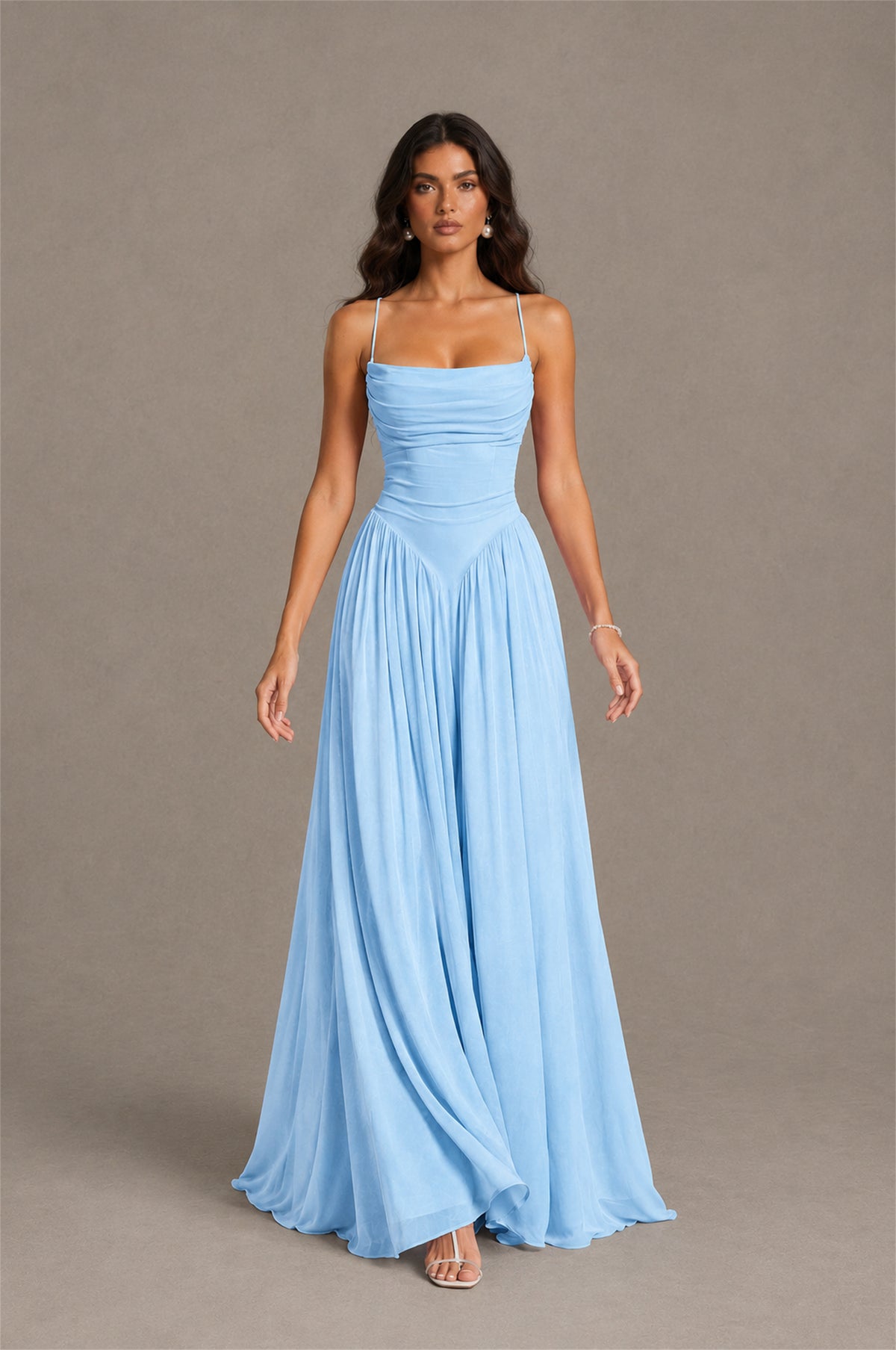 BOLODOO Light Blue Spaghetti Strap Square Neck Ruched Chiffon Maxi Dress with Lace-Up Back - Light Blue