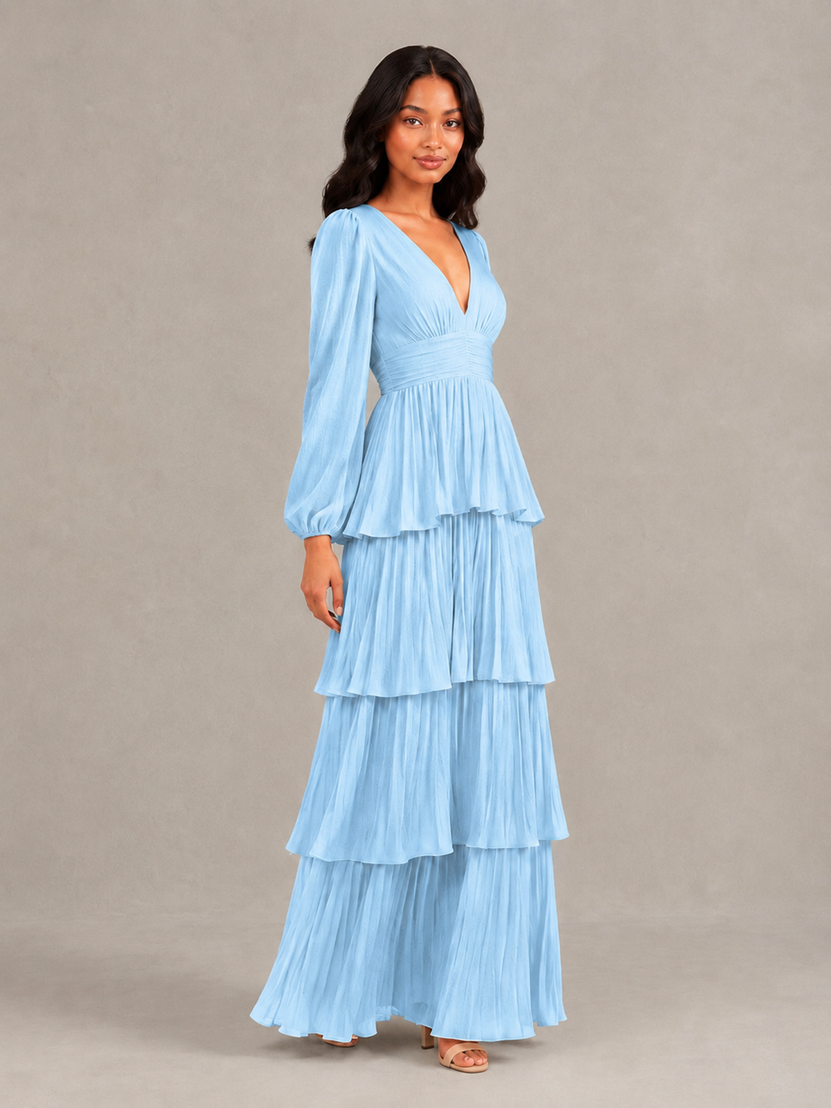 BOLODOO Light Blue Long-Sleeve Tiered Maxi Dress with Deep V-Neck - Light Blue