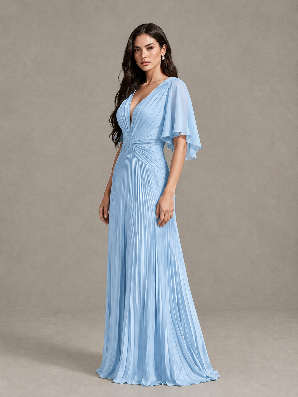 BOLODOO Light Blue Pleated V-Neck Flutter Sleeve Bridesmaid Dress - Light Blue - Light Blue (3)