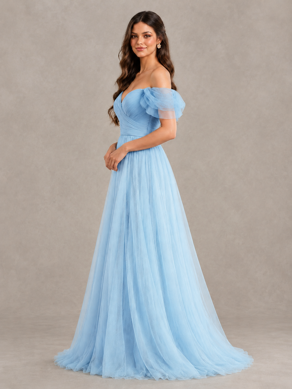 BOLODOO Light Blue Off-the-Shoulder Ruffle Sleeve A-Line Bridesmaid Dress - Light Blue - Light Blue (3)