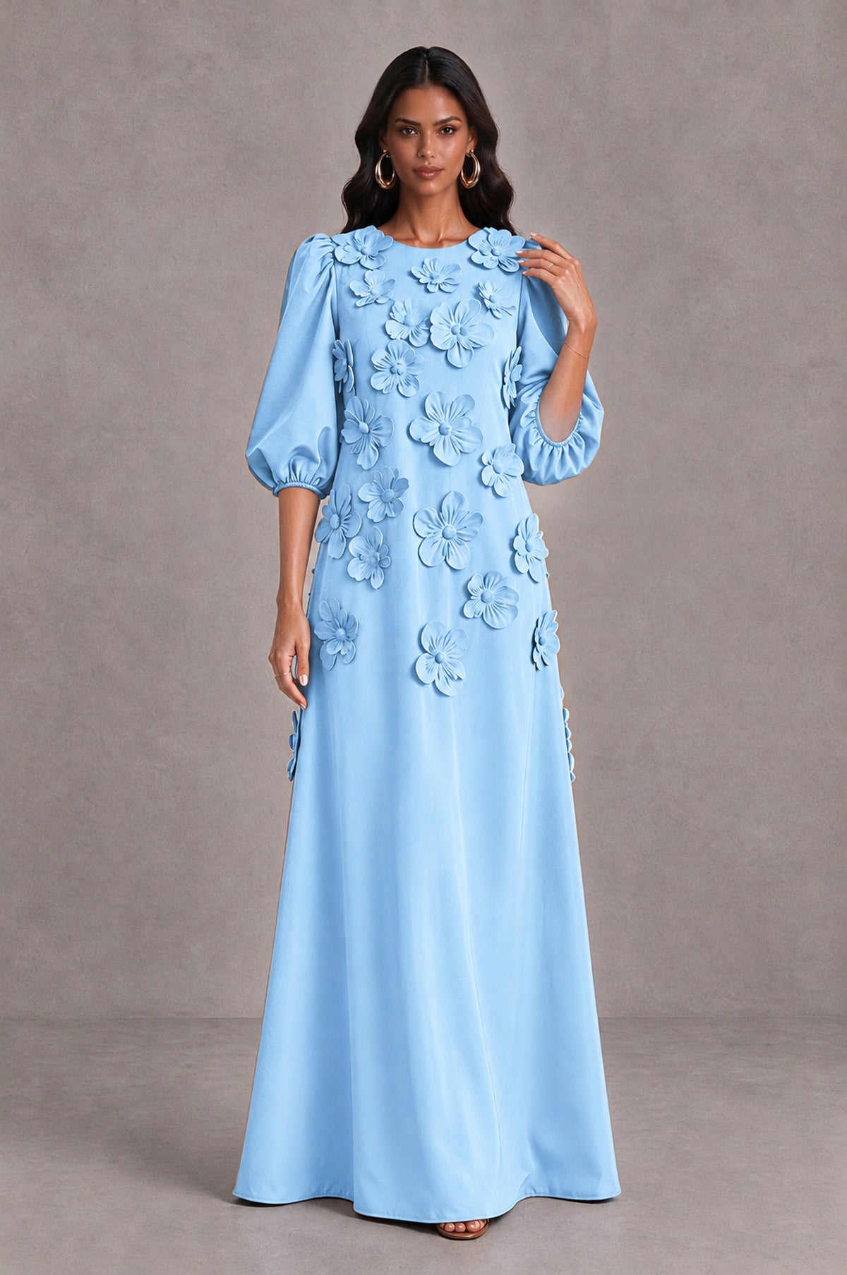 BOLODOO Light Blue Floral Applique Puff Sleeve A-Line Evening Dress - Light Blue - Light Blue (3)