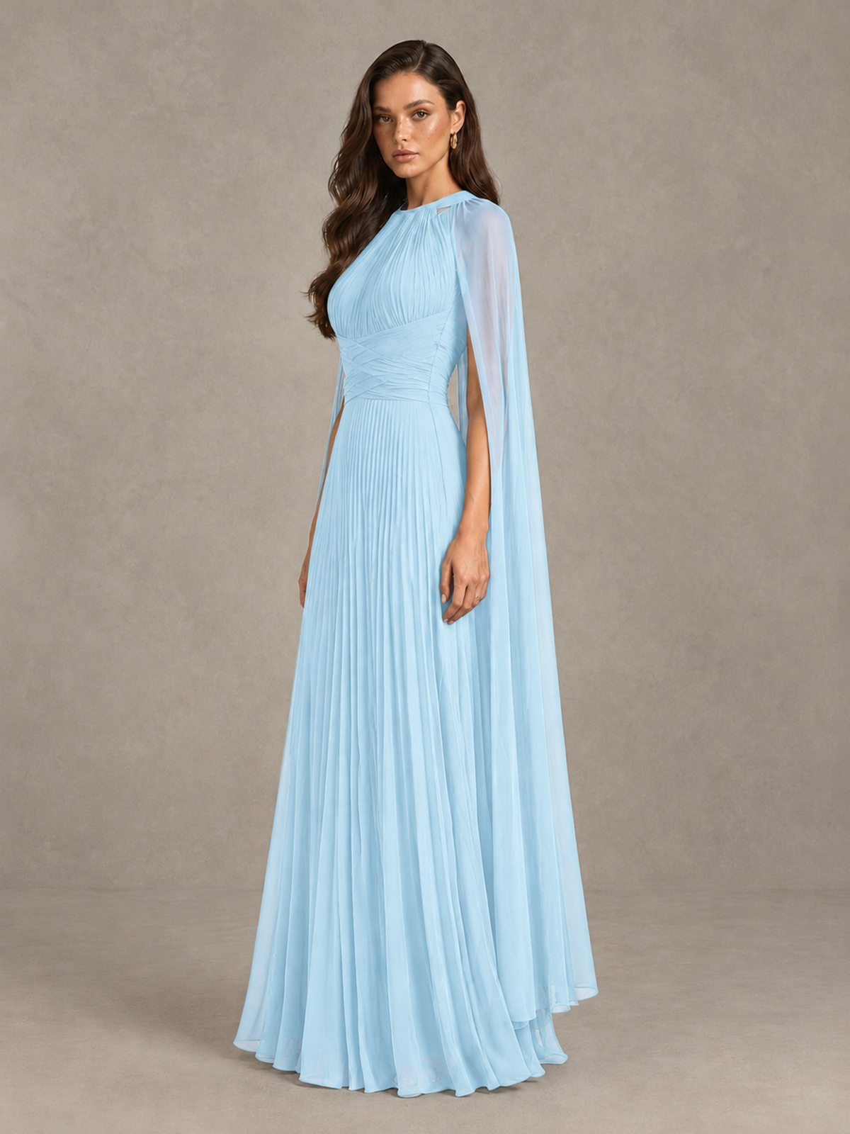 BOLODOO Light Blue Pleated Cape Maxi Wedding Guest Dress - Light Blue - Light Blue (3)