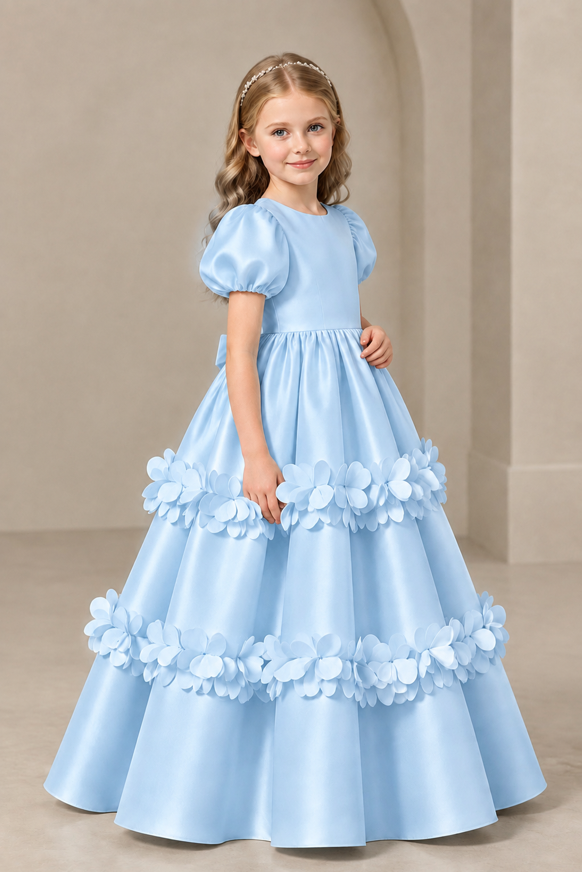 BOLODOO Light Blue Satin Flower Girl Dress with Floral Appliques - Light Blue
