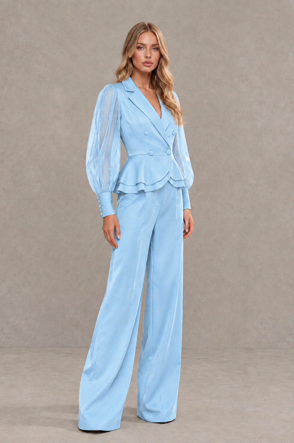 BOLODOO Mint Light Blue Peplum Blazer Wide-Leg Pantsuit with Sheer Puff Sleeves - Light Blue