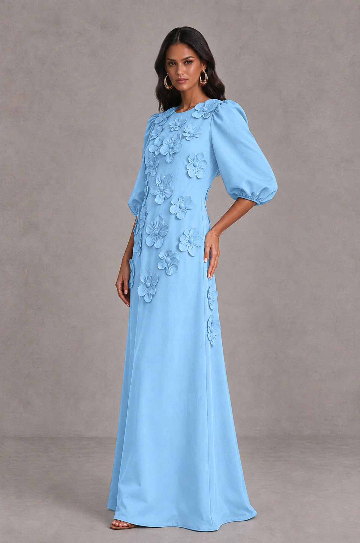 BOLODOO Light Blue Floral Applique Puff Sleeve A-Line Evening Dress - Light Blue - Light Blue (4)