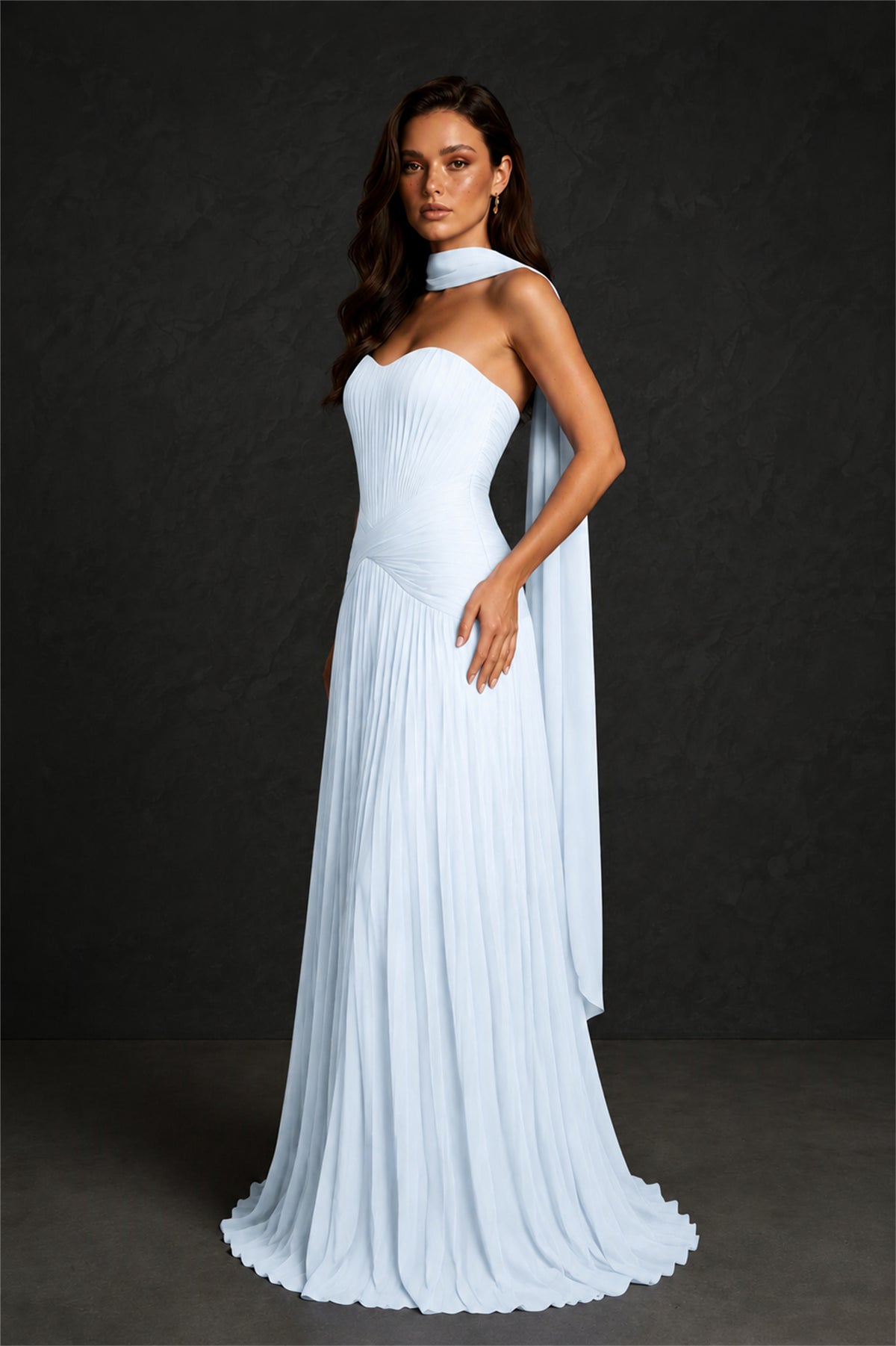 BOLODOO Light Blue Sweetheart Strapless Neck Scarf Pleated Backless A-Line Chiffon Maxi Dress - Light Blue