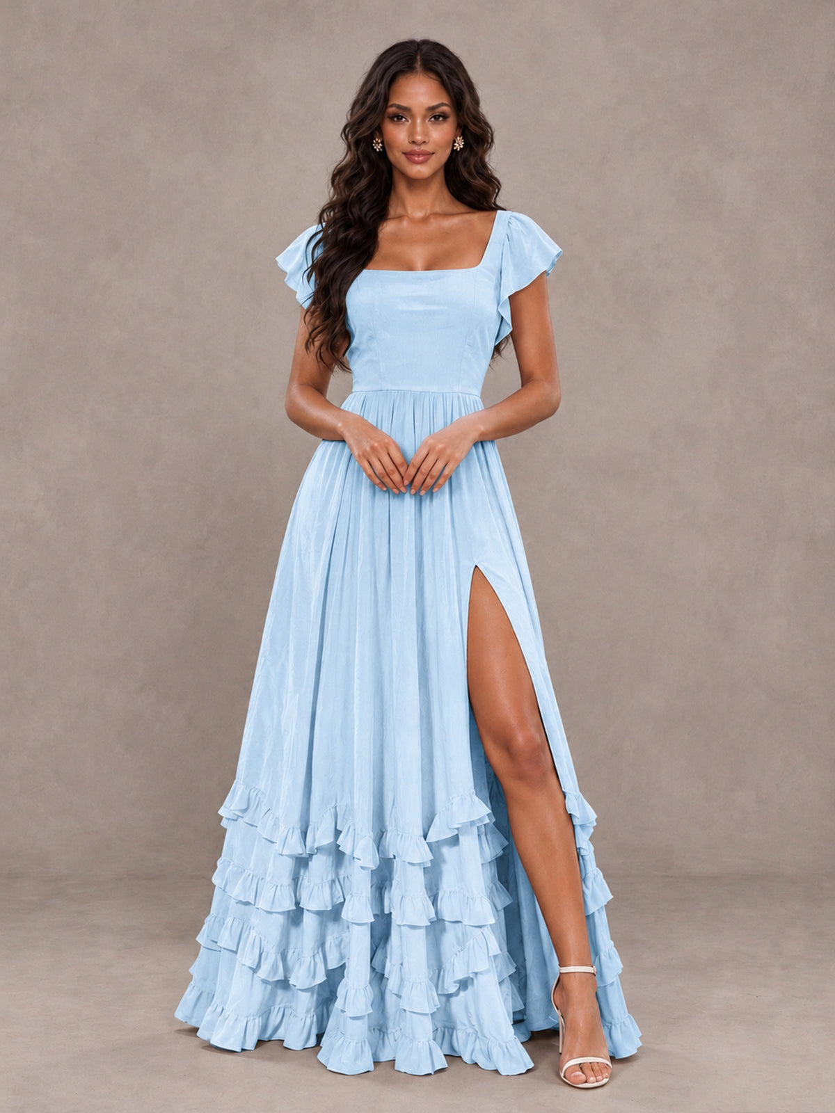 BOLODOO Light Blue Flutter Sleeve Ruffle Bridesmaid Dress with Slit - Light Blue - Light Blue (4)