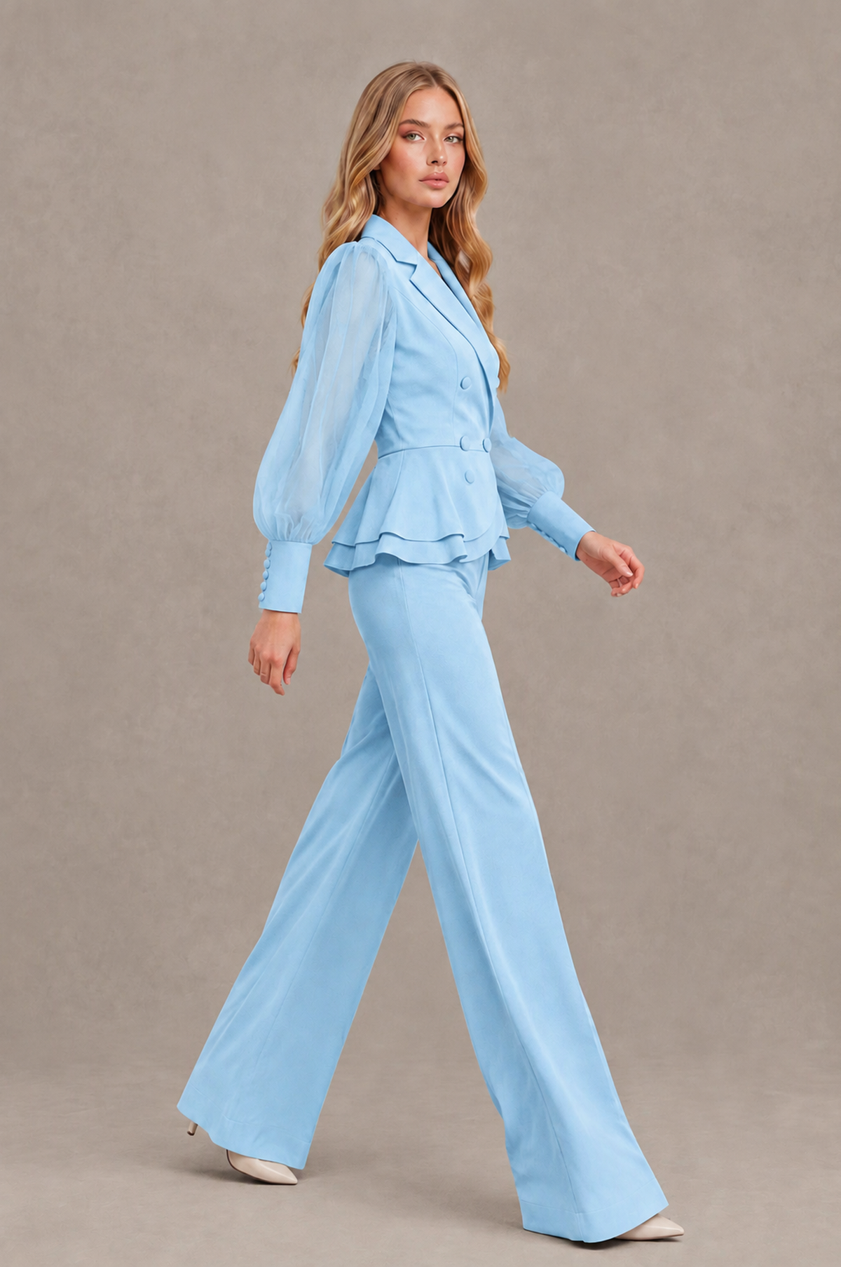 BOLODOO Mint Light Blue Peplum Blazer Wide-Leg Pantsuit with Sheer Puff Sleeves - Light Blue