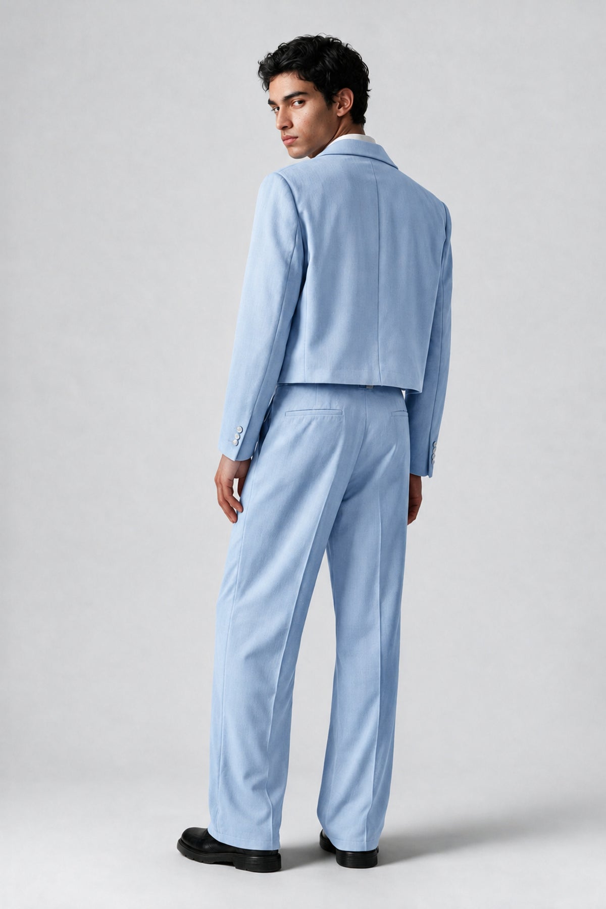 Bolodoo Men's Light Blue Cropped Blazer & Wide-Leg Trousers 2-Piece Suit - Light Blue - Light Blue (4)