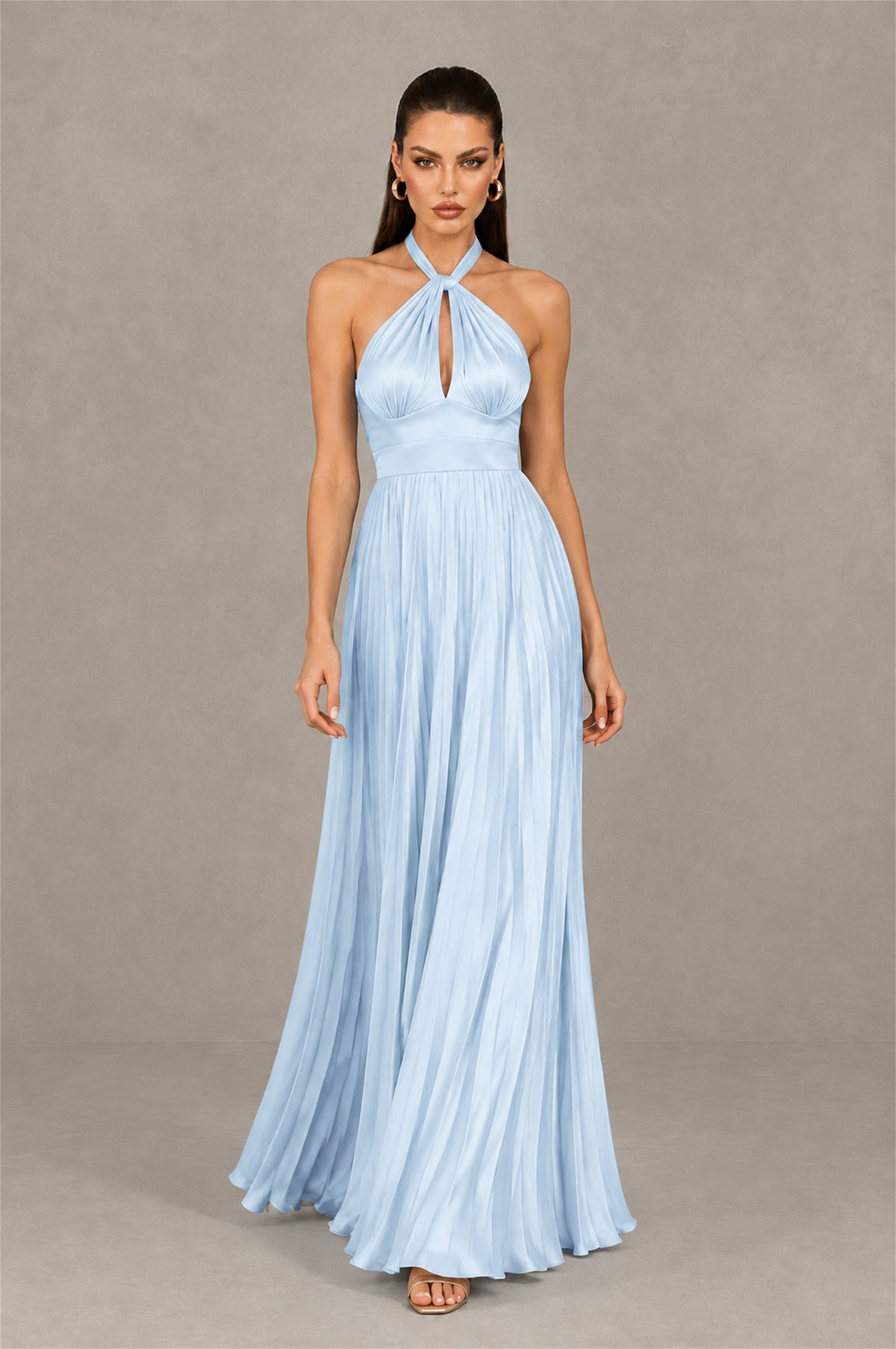 BOLODOO Light Blue Halter Pleated A-Line Evening Dress - Light Blue