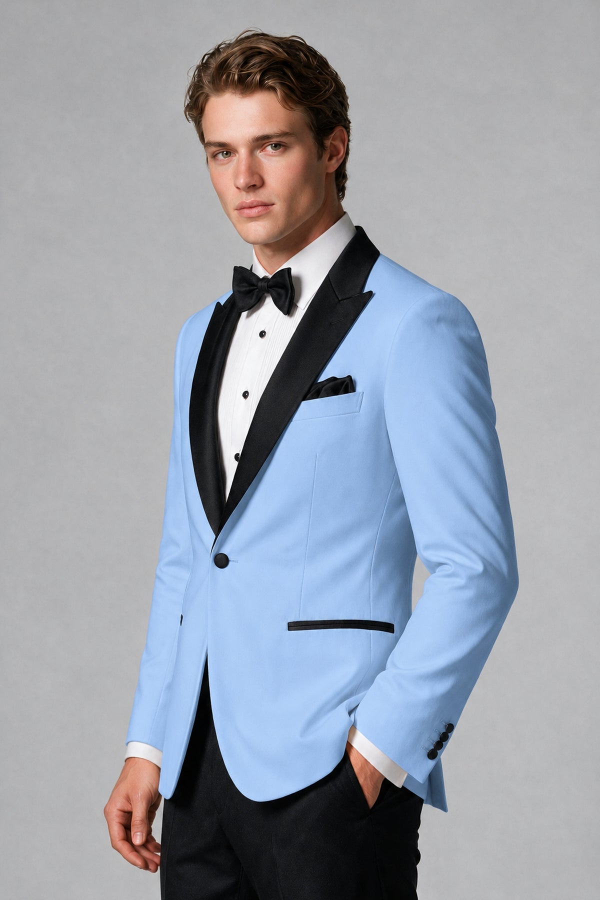 BOLODOO Men's Light Blue Single-Button Tuxedo Blazer & Black Trousers 2-Piece Suit Set - Light Blue - Light Blue (4)