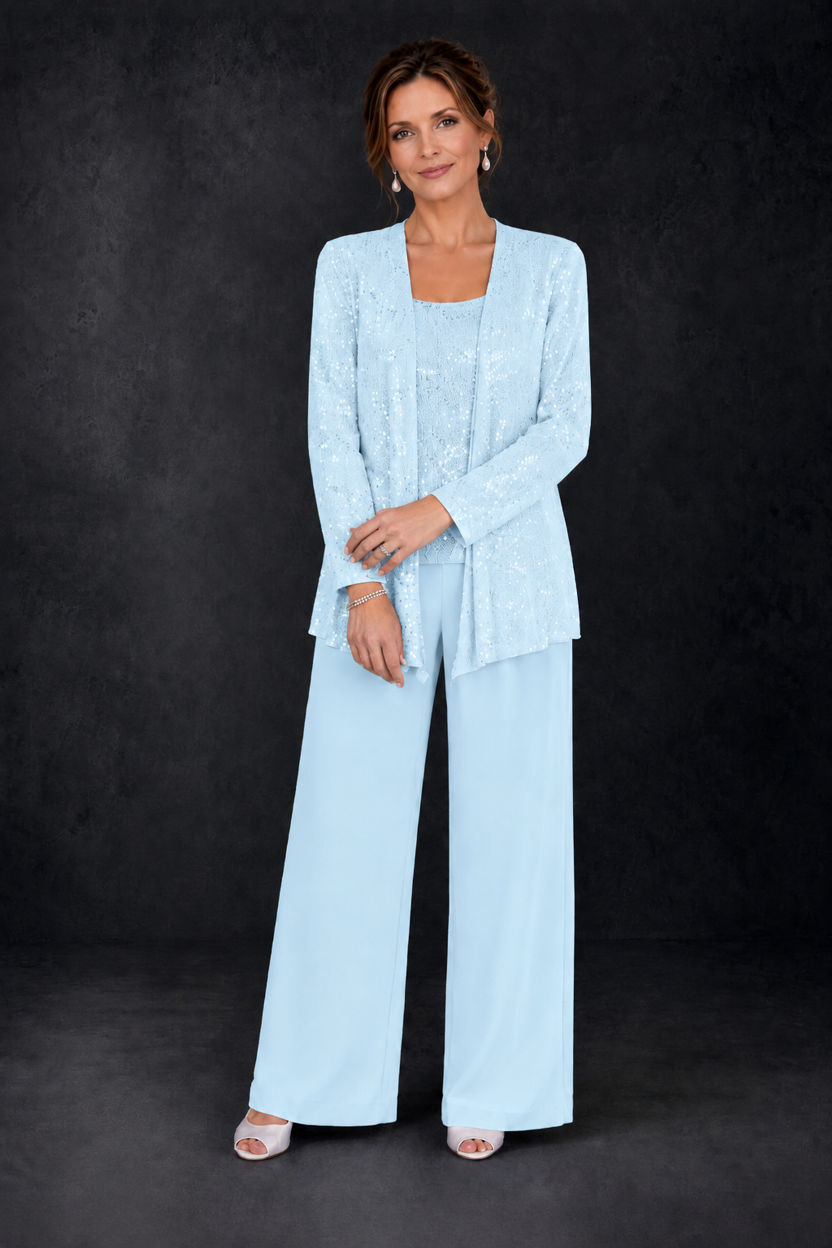 BOLODOO Light Blue Sequin Lace 3-Piece Pant Suit with Long Sleeve Jacket - Light Blue - Light Blue (4)