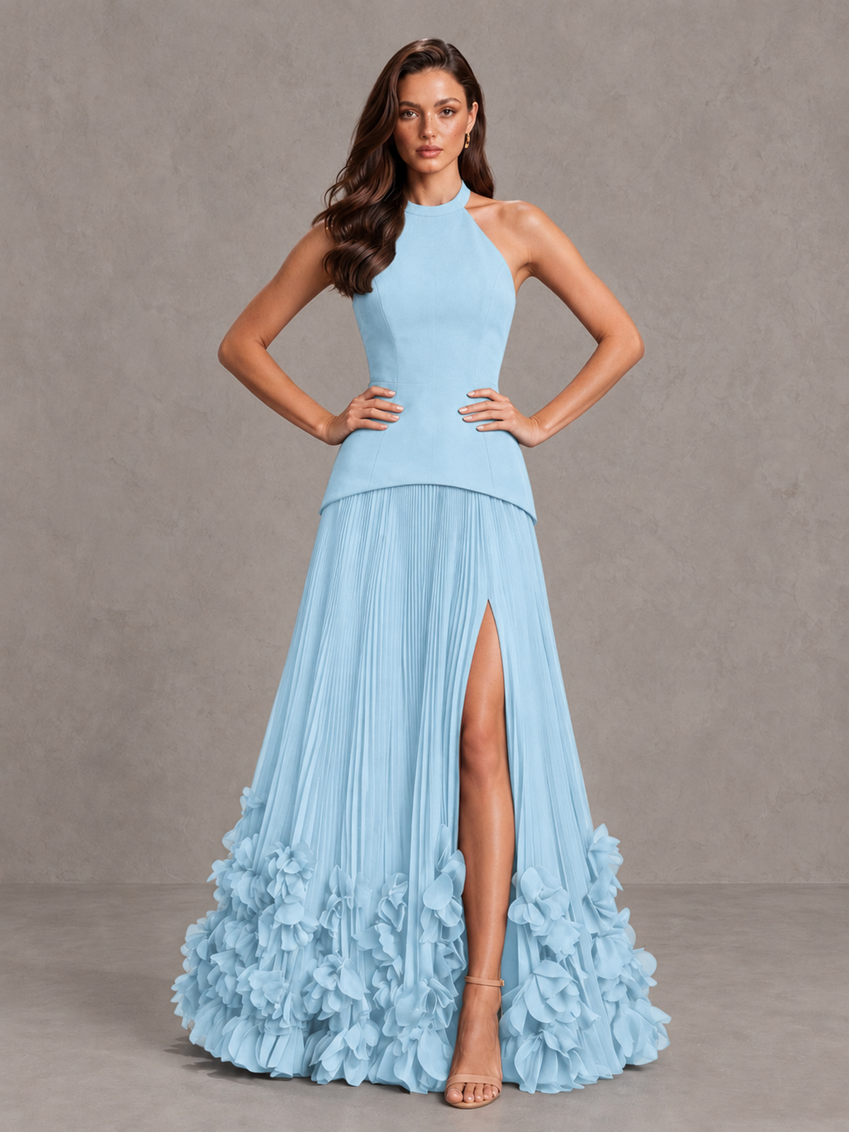 BOLODOO Light Blue Halter Neck Floor-Length Evening Gown with High Slit & 3D Floral Hem - Light Blue - Light Blue (4)