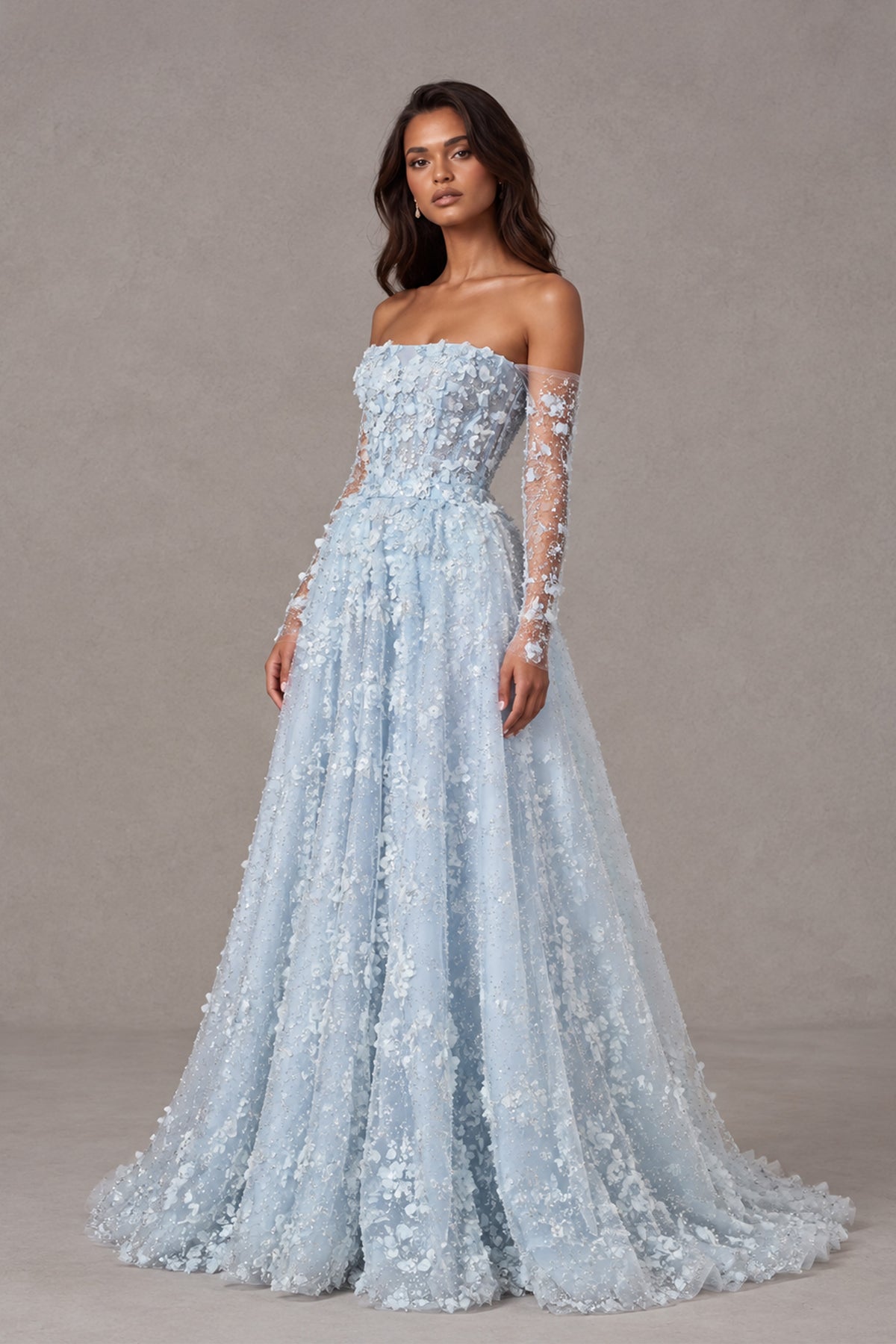BOLODOO Light Blue Off Shoulder Floral Lace Gown with Long Sleeves - Light Blue
