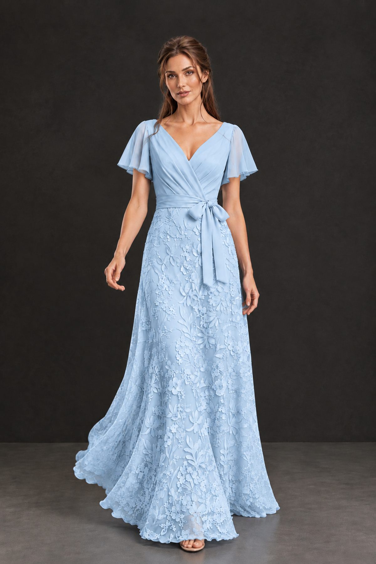 BOLODOO Light Blue Flutter Sleeve Lace Mother of the Bride Dress - Light Blue