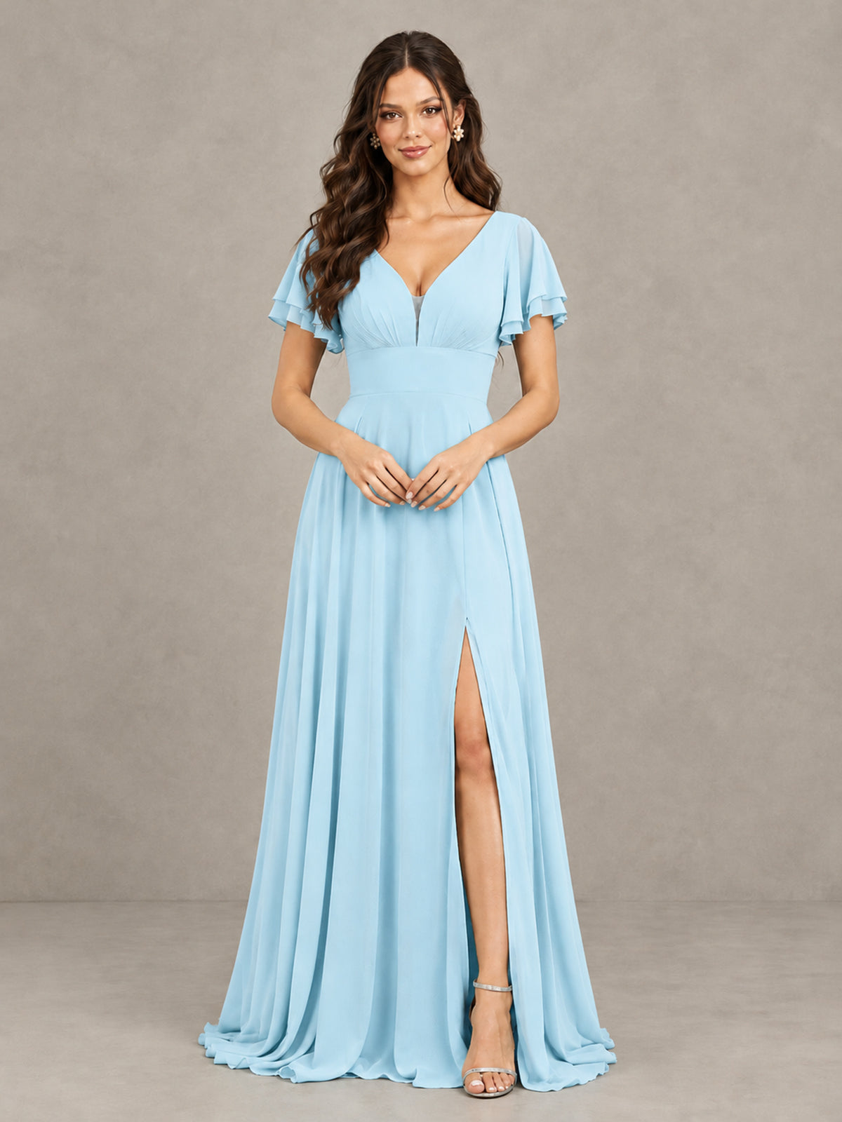 BOLODOO Light Blue Flutter Sleeve Chiffon A-Line Maxi Bridesmaid Dress with Open Back & Slit - Light Blue - Light Blue (4)