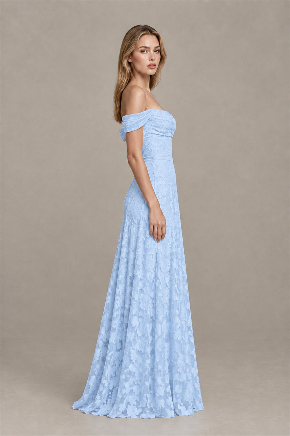 BOLODOO Light Blue Off-Shoulder Pleated A-Line Maxi Dress Floral - Light Blue