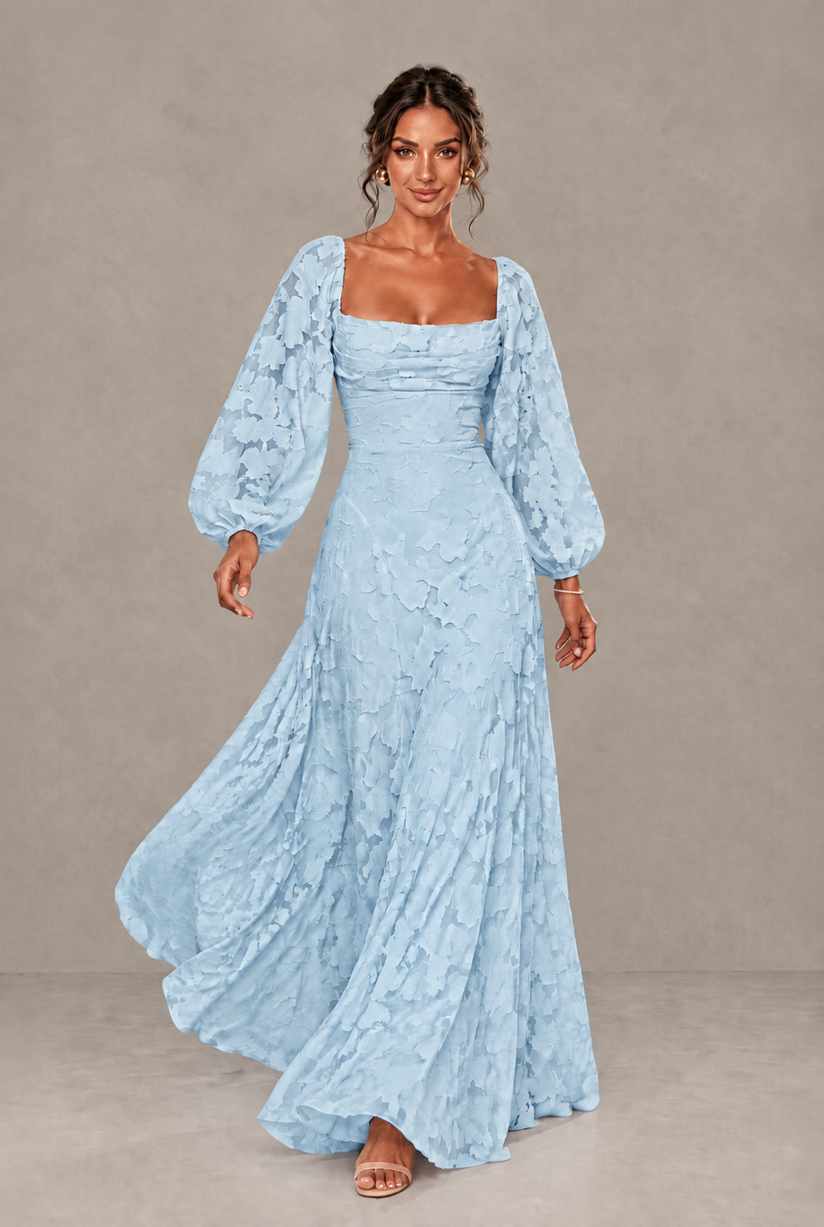 BOLODOO Floral Light Blue Long Sleeve A-Line Dress with Lace-Up Back - Light Blue